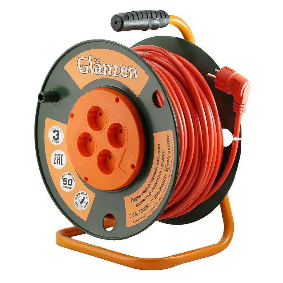 Изображение товара Удлинитель на катушке садовый Glanzen EB-50-008 4 розетки без заземления 3x2.5 мм 50 м 3500 Вт цвет оранжевый