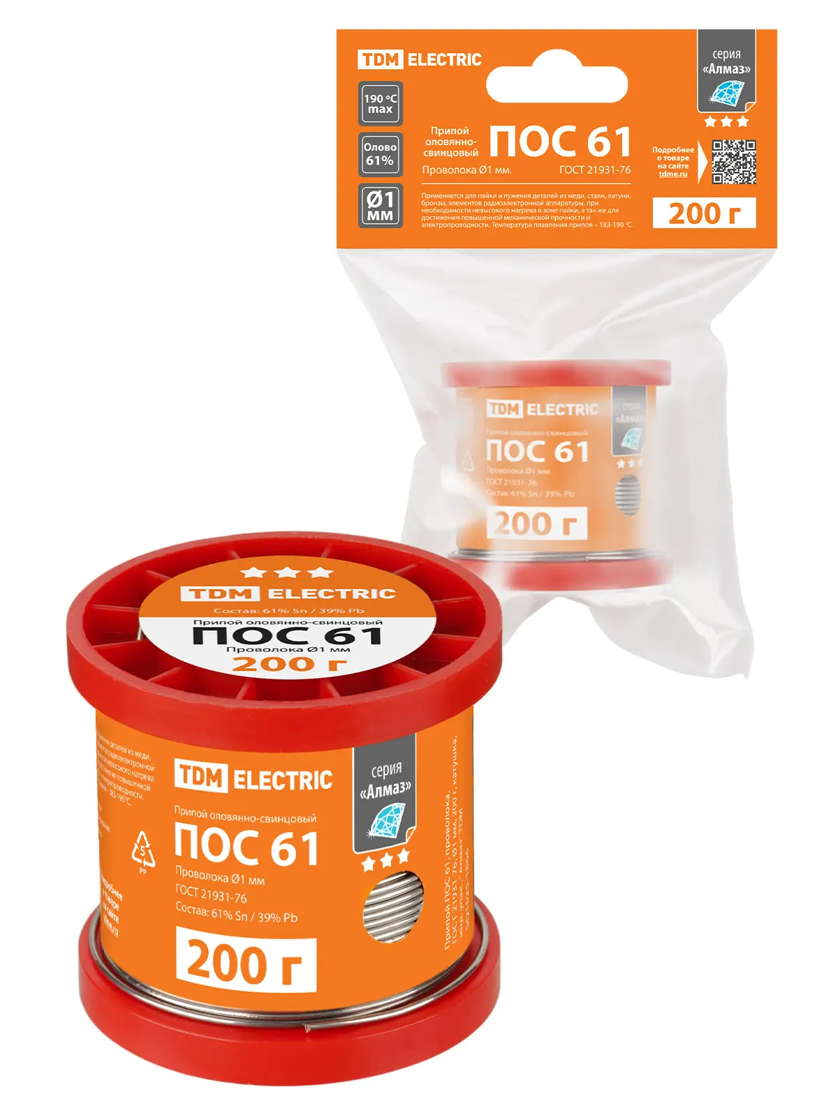 Изображение товара Припой TDM Electric ПОС 61 проволока Ø1 мм 200 г для радиоэлектроники