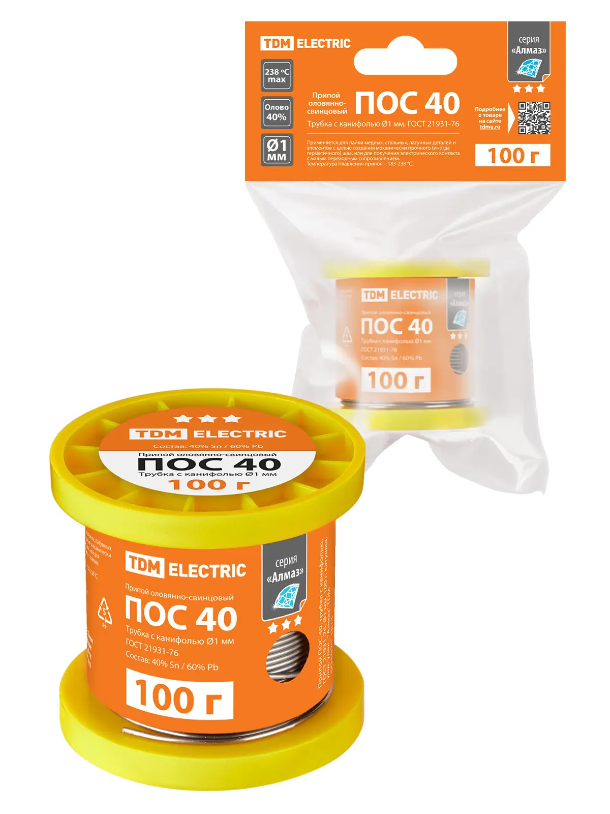 Изображение товара Припой TDM Electric ПОС 40 трубка с канифолью Ø1 мм 100 г