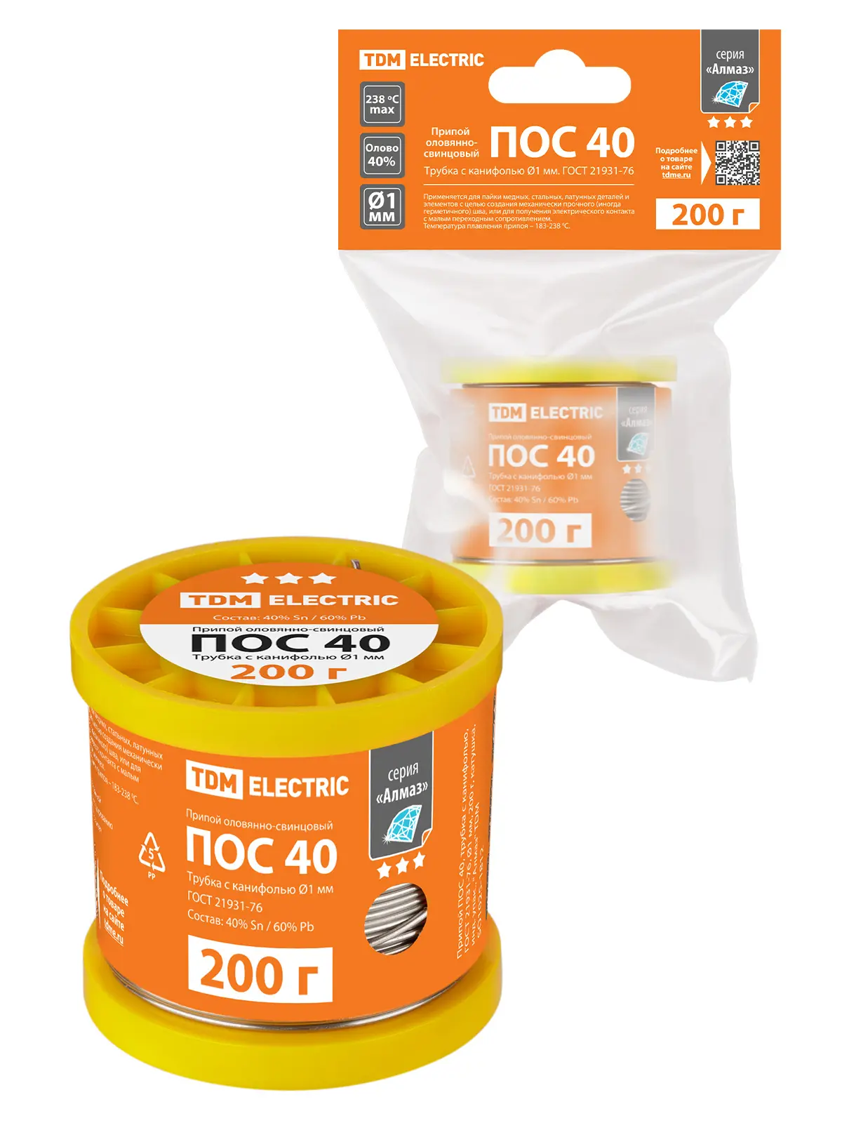 Изображение товара Припой TDM Electric ПОС 40 трубка с канифолью Ø1 мм 200 г для радиоэлектроники и ремонта