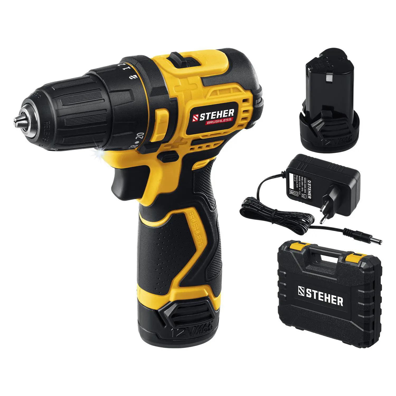 Изображение товара Аккумуляторная дрель-шуруповерт STEHER CDB-120 12 В бесщеточная с кейсом