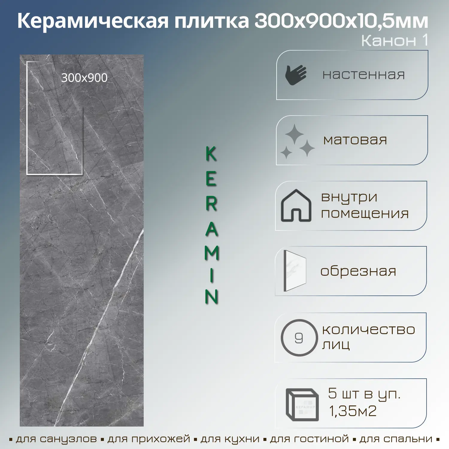 Изображение товара Плитка Керамин Канон 1 30x90см серого цвета для стен внутри помещений