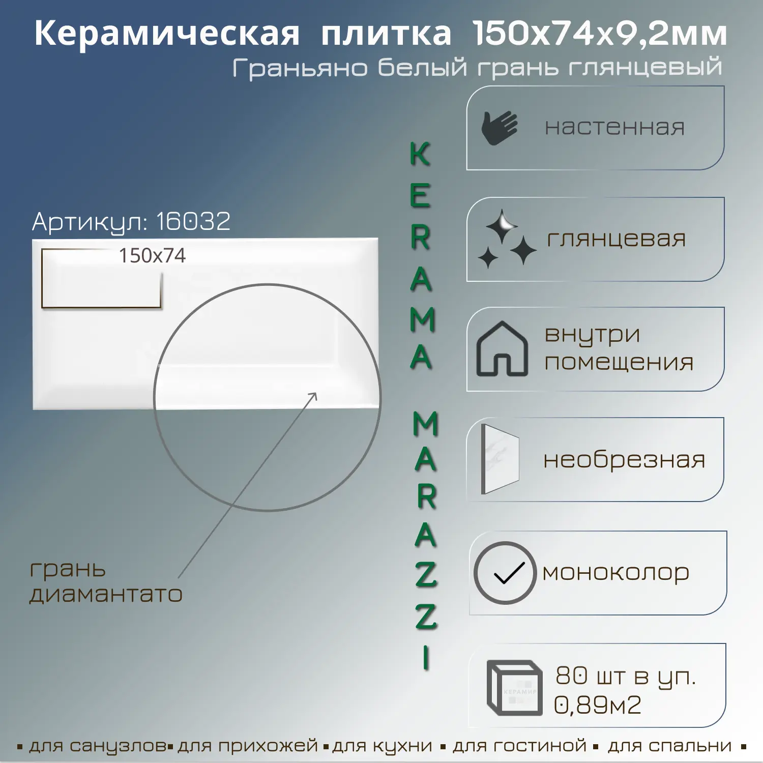 Изображение товара Настенная белая керамическая плитка Kerama Marazzi Граньяно 7.5x15 см для стен