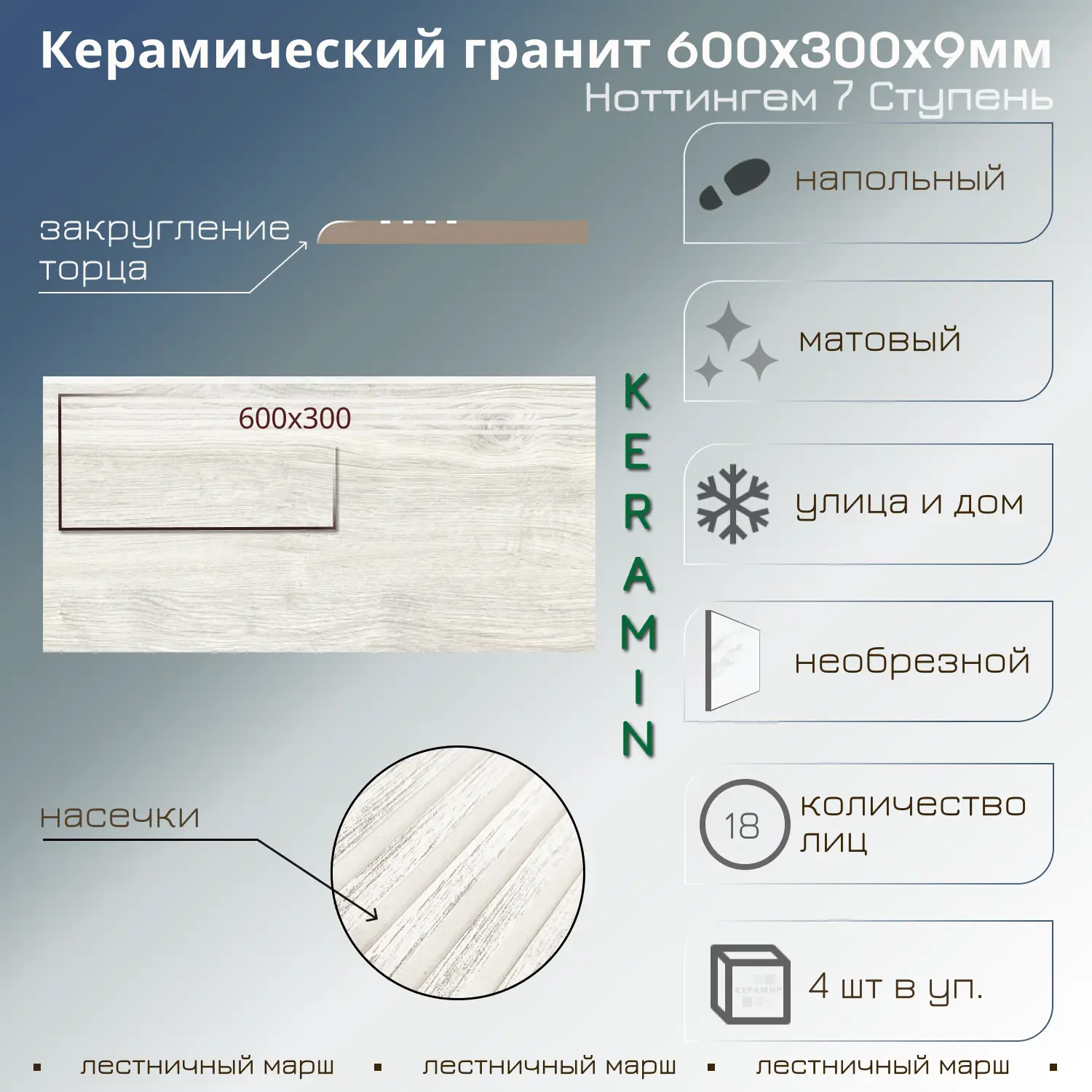 Изображение товара Ступень керамогранитная Керамин Ноттингем 7 30x60 см, 4 шт, декоративная, морозостойкая