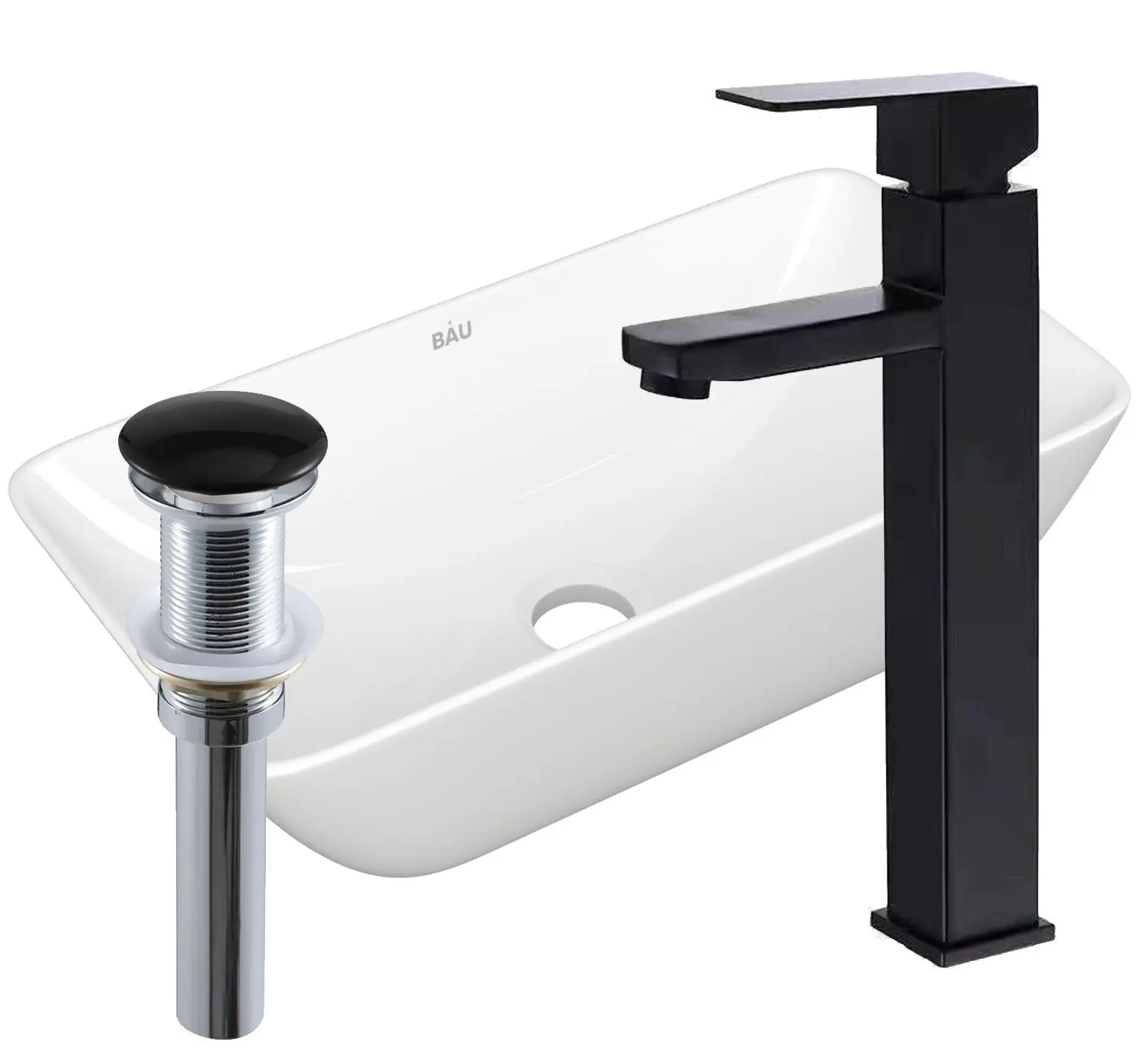 Изображение товара Раковина накладная со смесителем и выпуском Bauedge Spectrum mini 47x24 белая смеситель Hotel Black черный выпуск клик-клак черный