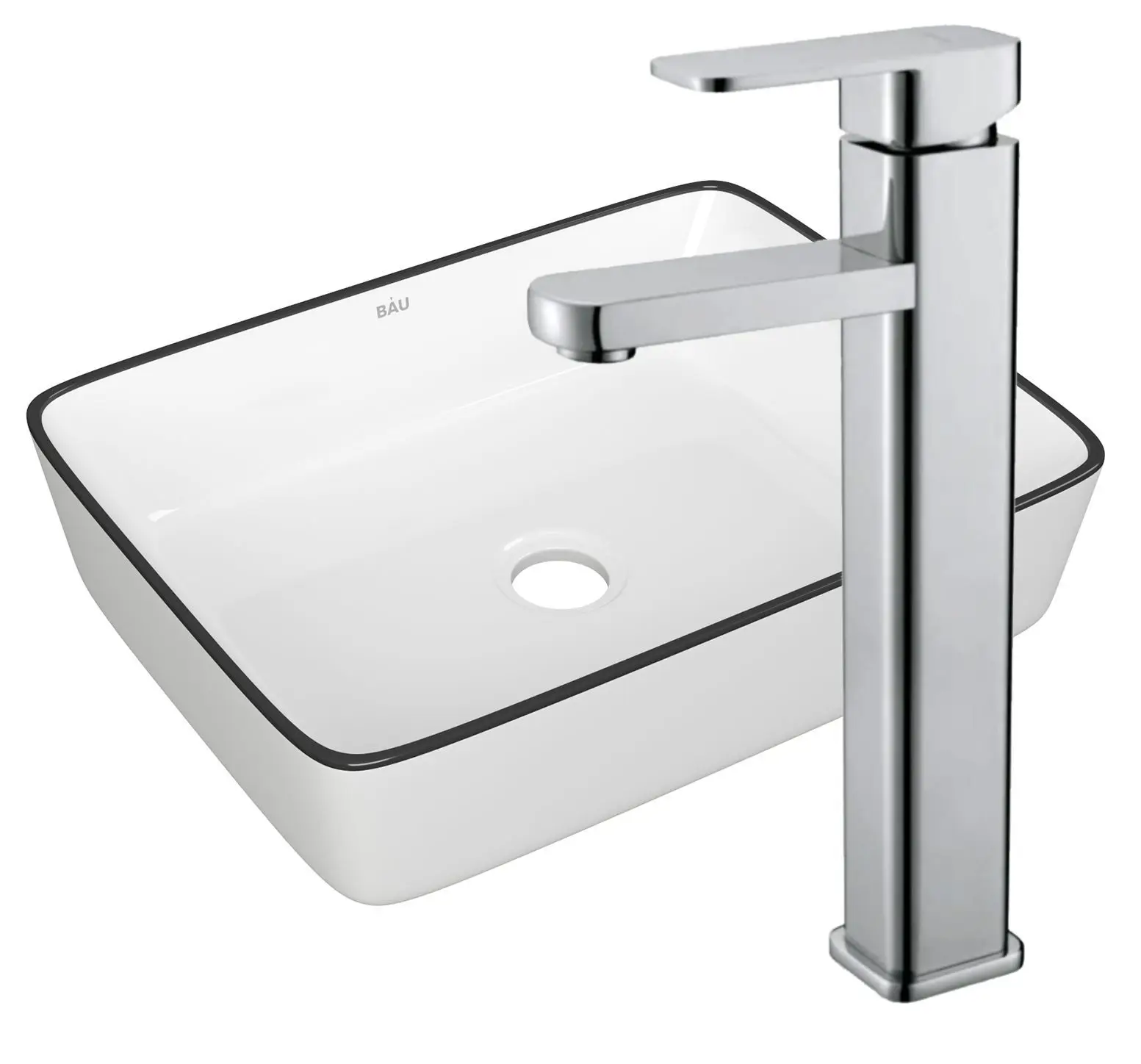 Изображение товара Раковина накладная со смесителем Bauedge Hotel 48x37 белая черный кант смеситель Hotel Still нержавеющая сталь