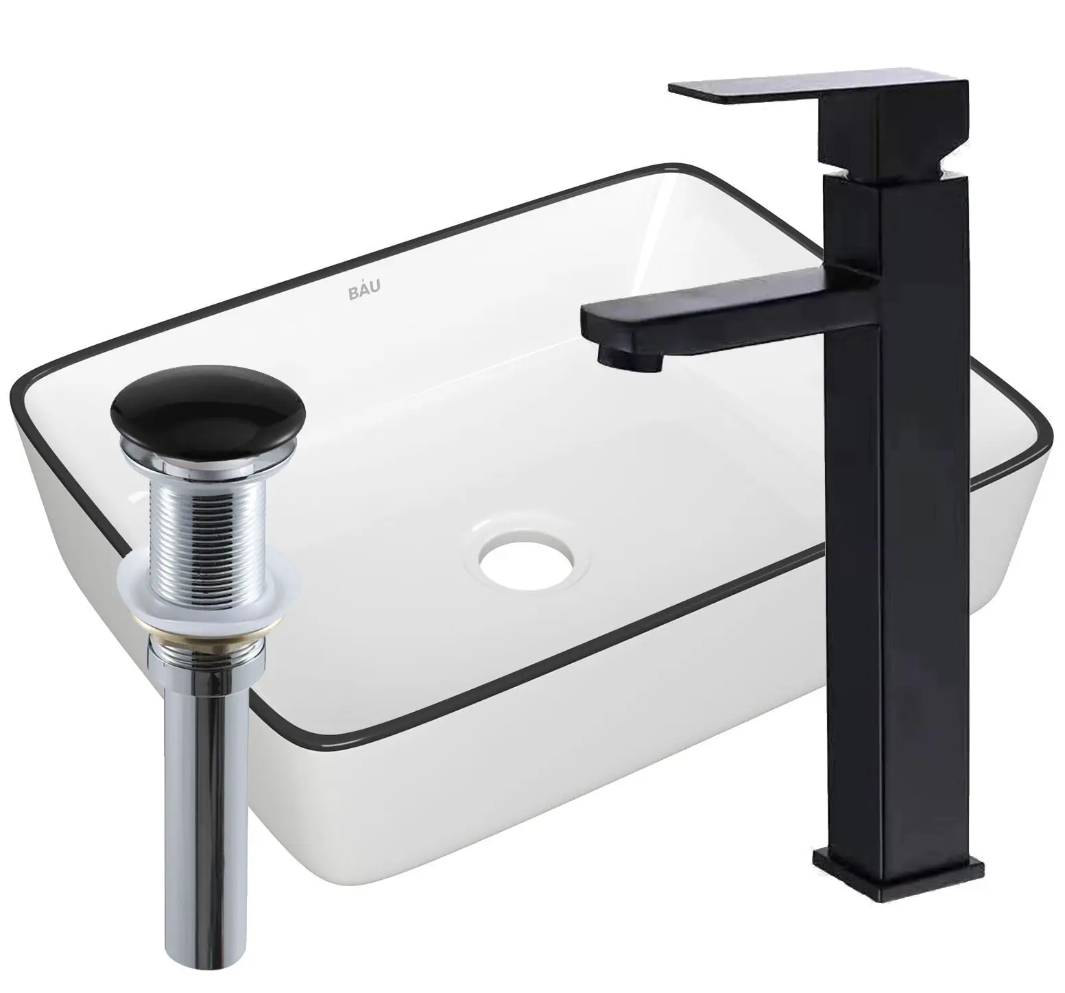 Изображение товара Раковина накладная со смесителем и выпуском Bauedge Hotel 48x37 белая смеситель Hotel Black черный выпуск клик-клак черный