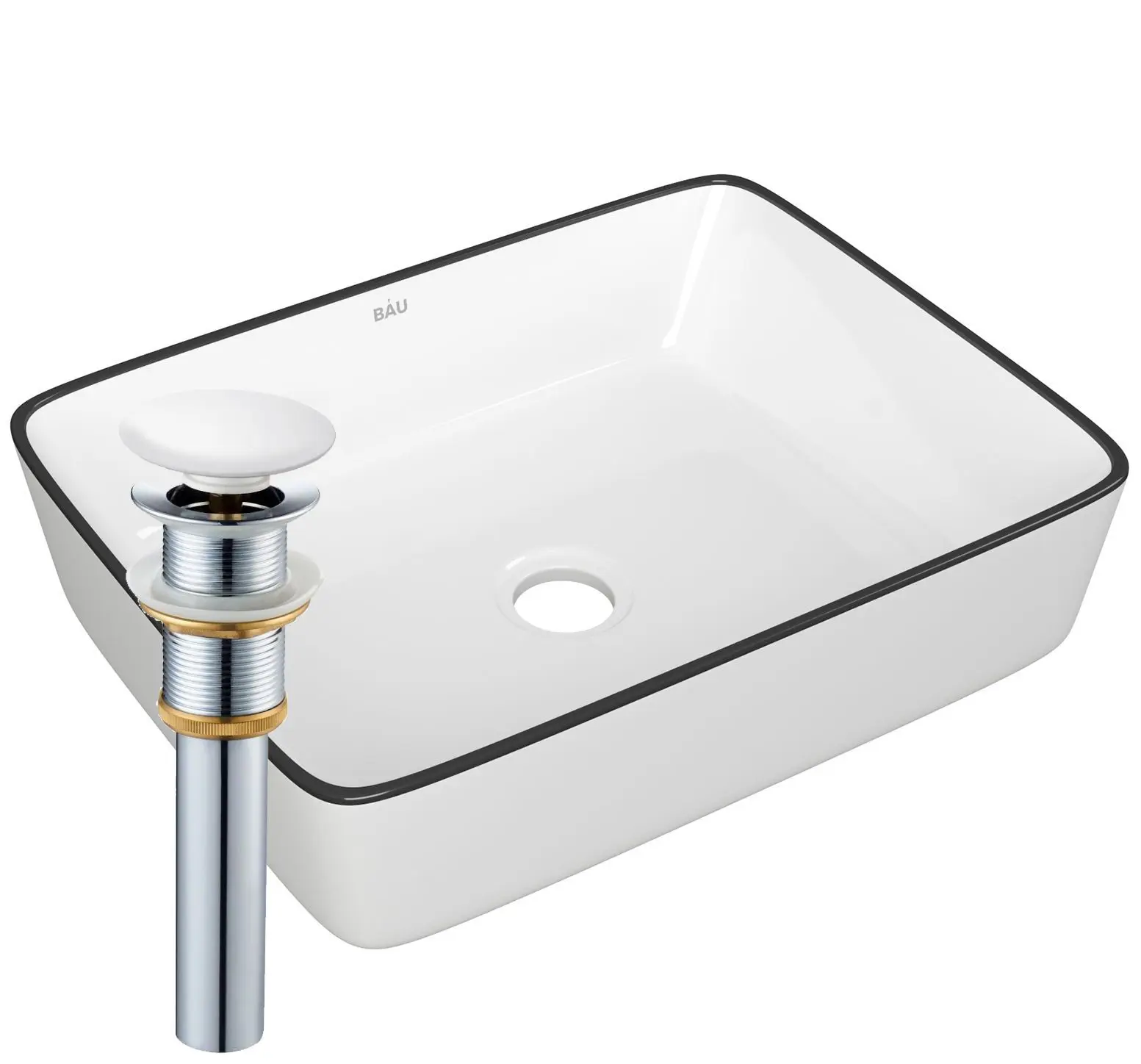 Изображение товара Раковина накладная прямоугольная Bauedge Hotel 48x37 белая черный кант выпуск клик-клак белый