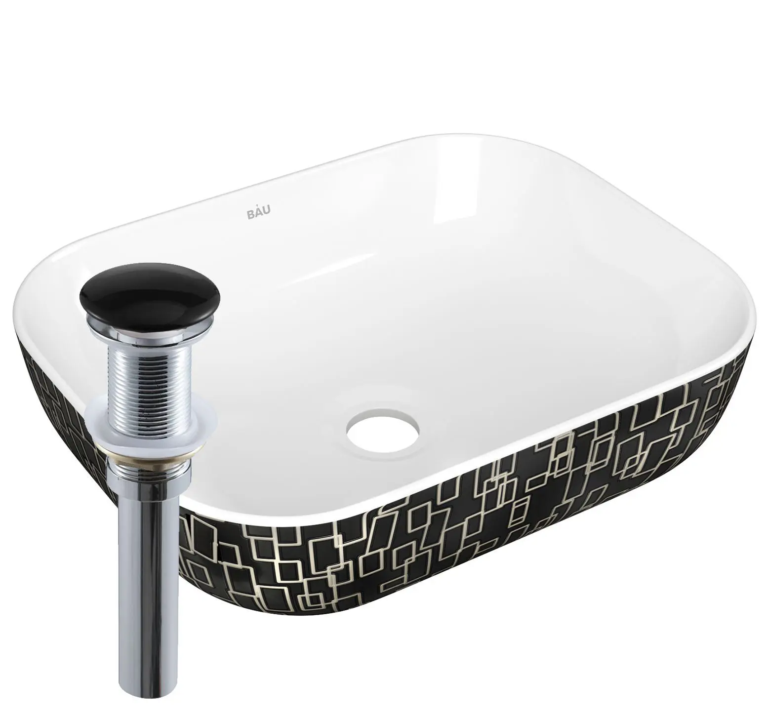 Изображение товара Раковина накладная прямоугольная Bauedge Stil 50x40 белая/черная с орнаментом выпуск клик-клак черный