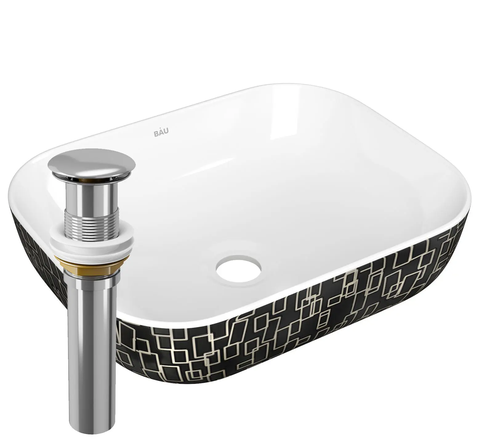 Изображение товара Раковина накладная прямоугольная Bauedge Stil 50x40 белая/черная с орнаментом выпуск клик-клак хром