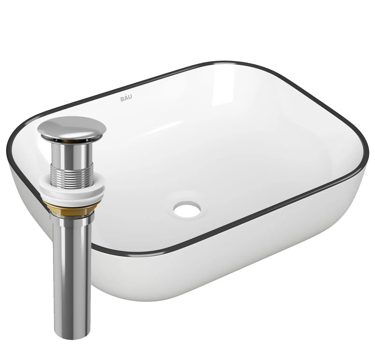 Изображение товара Раковина накладная прямоугольная Bauedge Stil 50x40 белая черный кант выпуск клик-клак хром