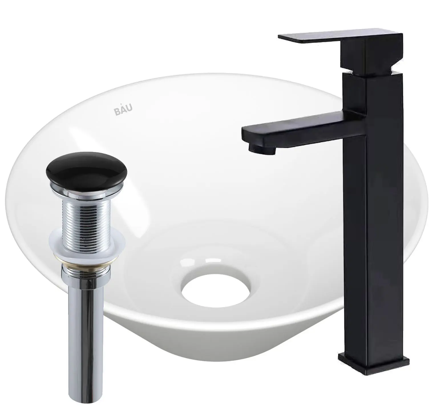 Изображение товара Раковина накладная со смесителем и выпуском Bauedge Dream D43 белая смеситель Hotel Black черный выпуск клик-клак черный