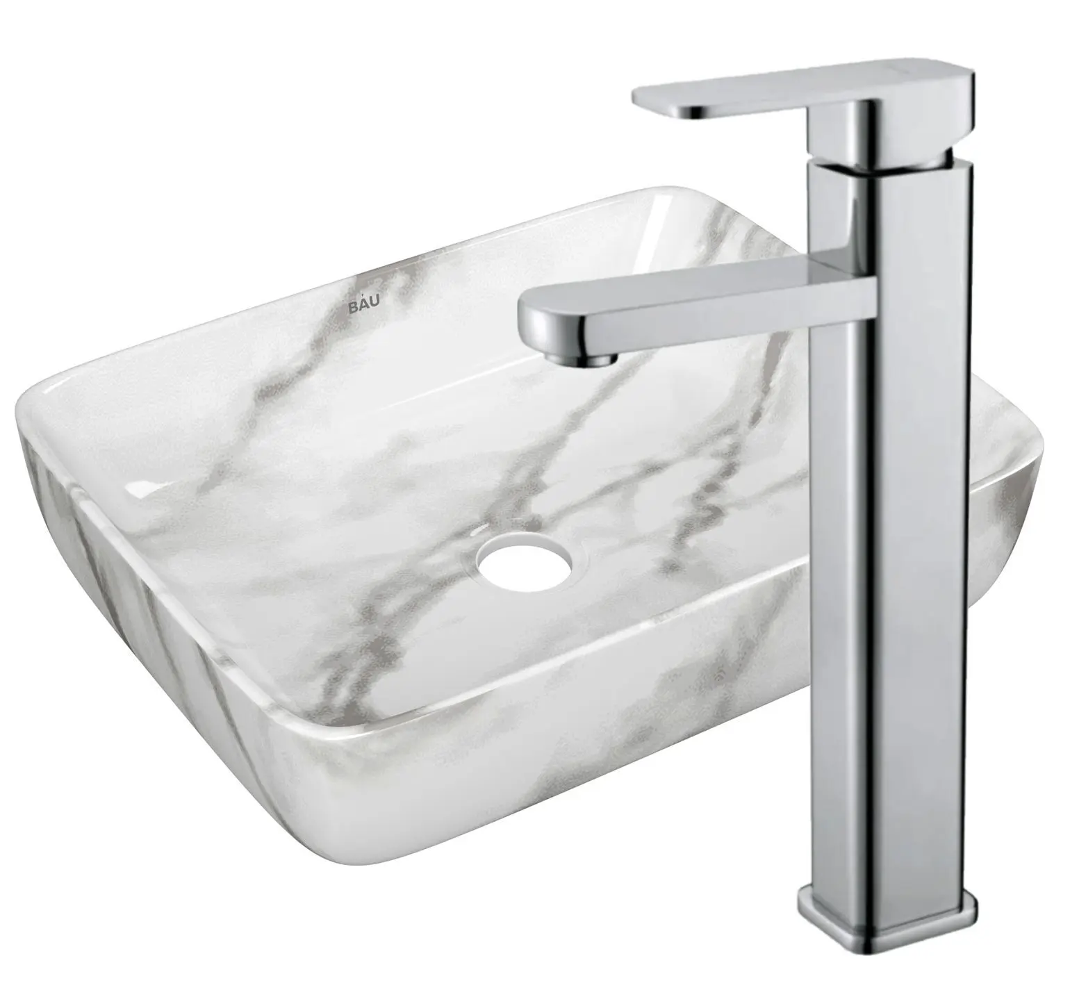 Изображение товара Раковина накладная со смесителем Bauedge Hotel 51x39 мрамор смеситель Hotel Still нержавеющая сталь