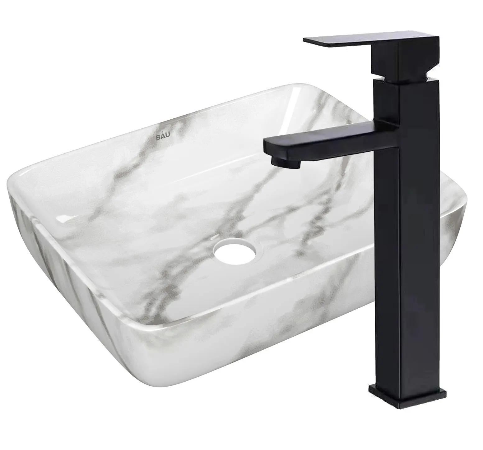 Изображение товара Раковина накладная со смесителем Bauedge Hotel 51x39 мрамор смеситель высокий Hotel Black черный