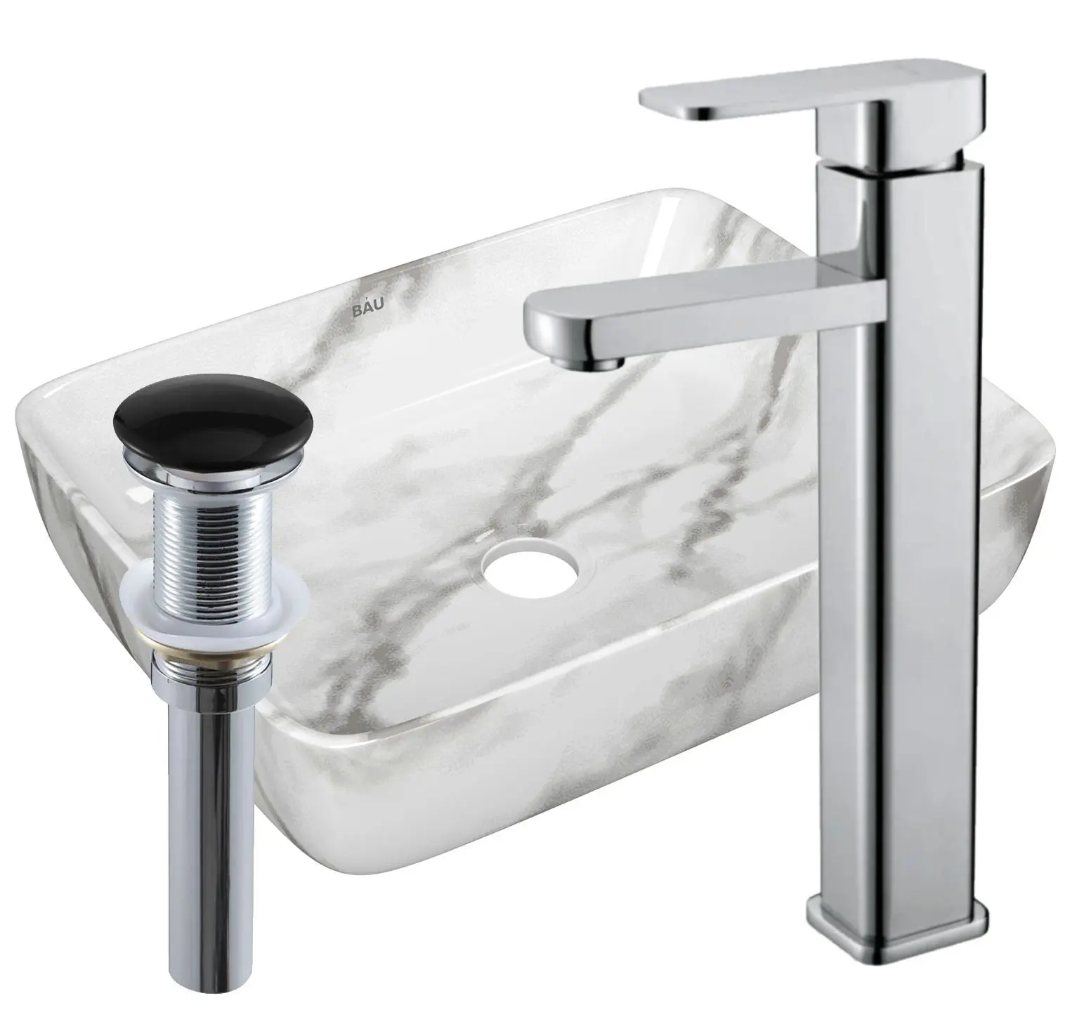 Изображение товара Раковина накладная со смесителем и выпуском Bauedge Hotel 51x39 мрамор смеситель Hotel Still выпуск клик-клак черный