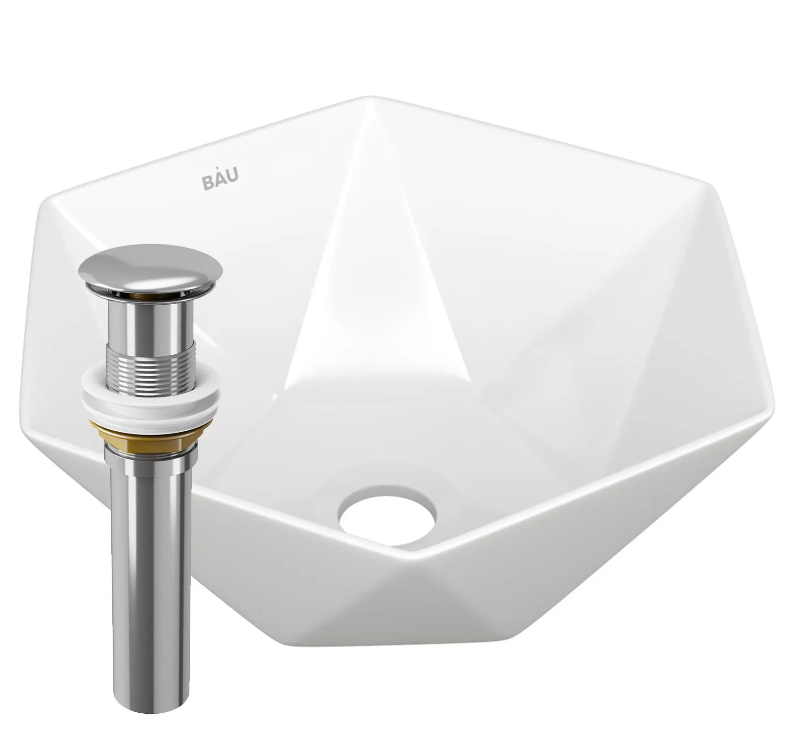 Изображение товара Раковина накладная на столешницу Bauedge Crystal 40x40 белая выпуск клик-клак хром