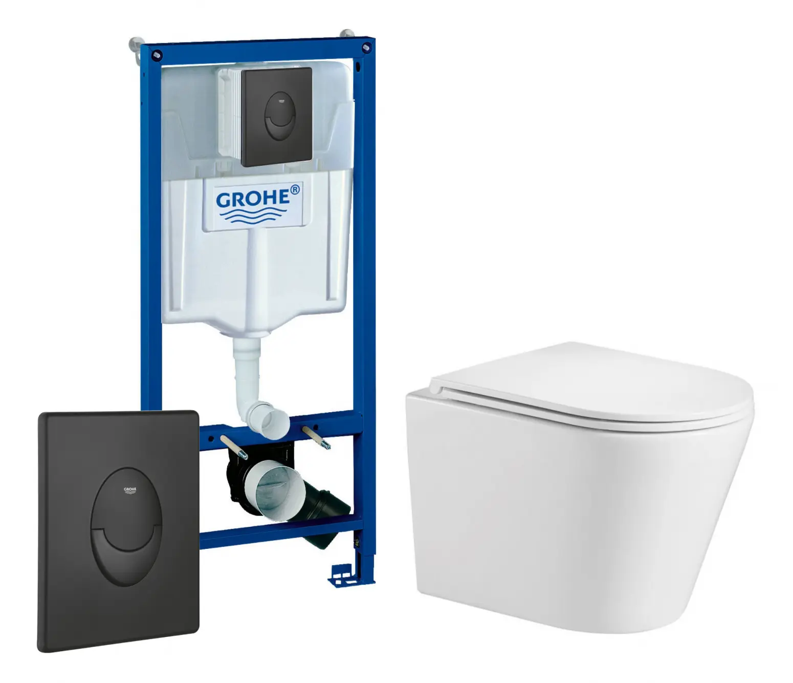 Изображение товара Комплект 3 в 1 инсталляция Grohe Rapid SL 38721BL1 с подвесным унитазом WeltWasser Salzbach 041 GL-WT, кнопка черная матовая