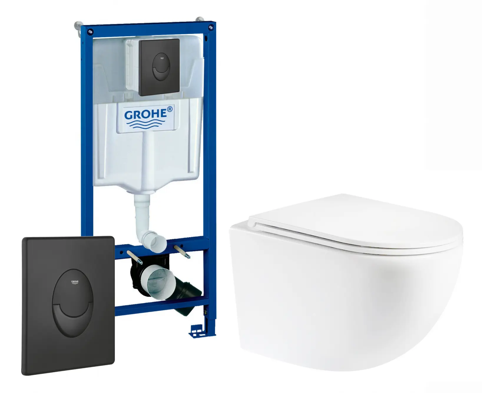 Изображение товара Комплект 3 в 1 инсталляция Grohe Rapid SL 38721BL1 с подвесным унитазом BelBagno Uno BB3105CHR/SC, кнопка черная матовая