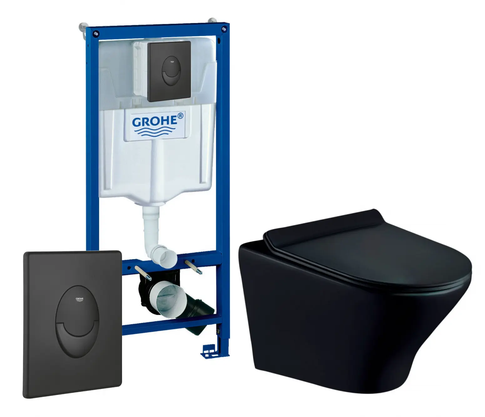 Изображение товара Комплект 3 в 1 инсталляция Grohe Rapid SL 38721BL1 с подвесным унитазом Esbano Aster ESUPASTEBM, кнопка черная матовая