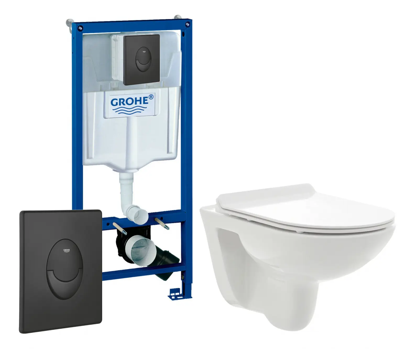 Изображение товара Комплект 3 в 1 инсталляция Grohe Rapid SL 38721BL1 с подвесным унитазом AQUAme AQM2008, кнопка черная матовая