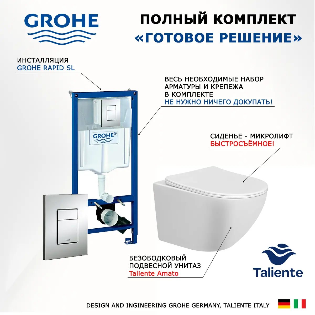 Изображение товара Комплект инсталляция с унитазом Grohe Amato кнопка хром 556569 цвет белый