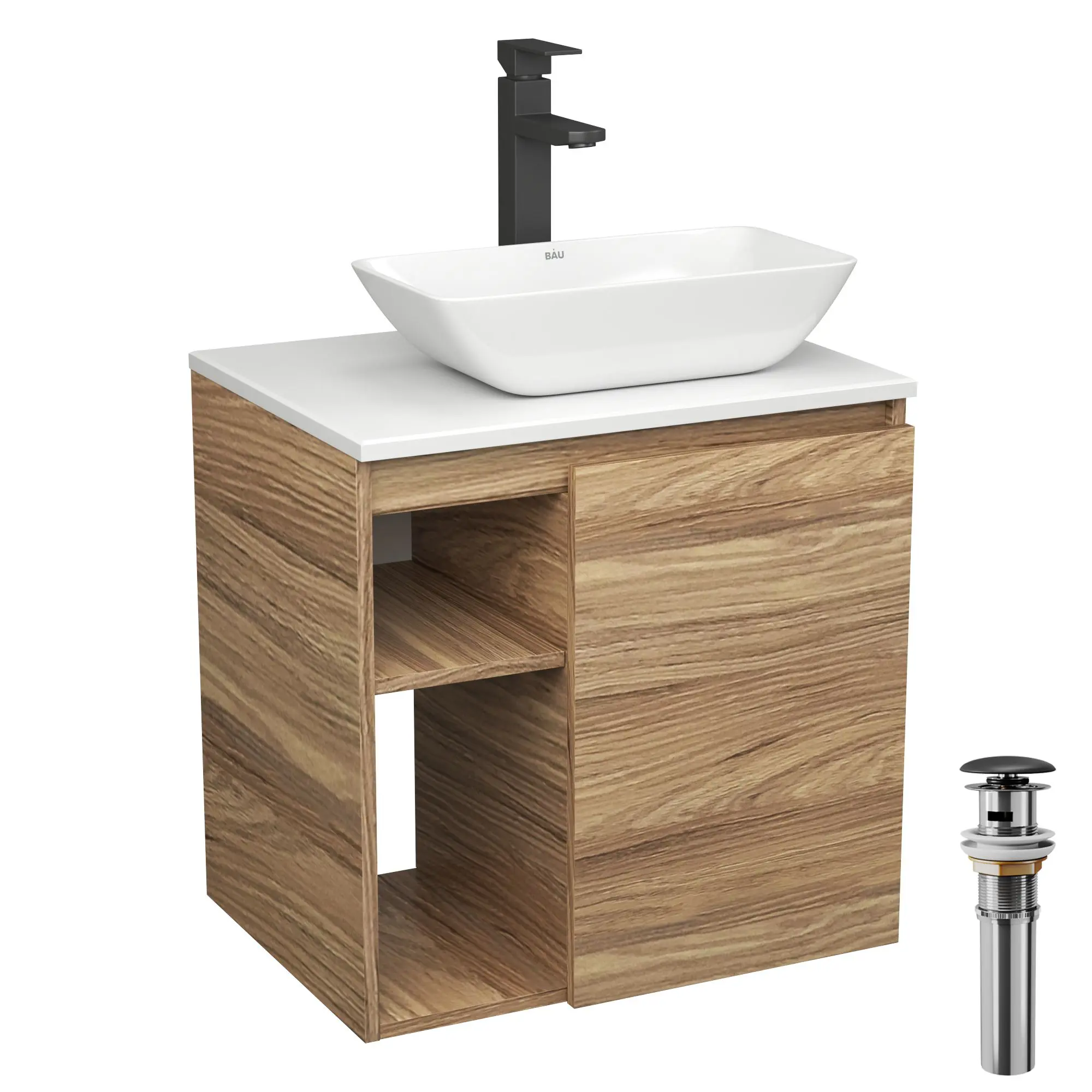 Изображение товара Тумба Bauedge Bau Dream Blackwood 60 правая раковина BAU Spectrum mini 47x24 смеситель для раковины высокий Hotel Black черный выпуск клик клак черный