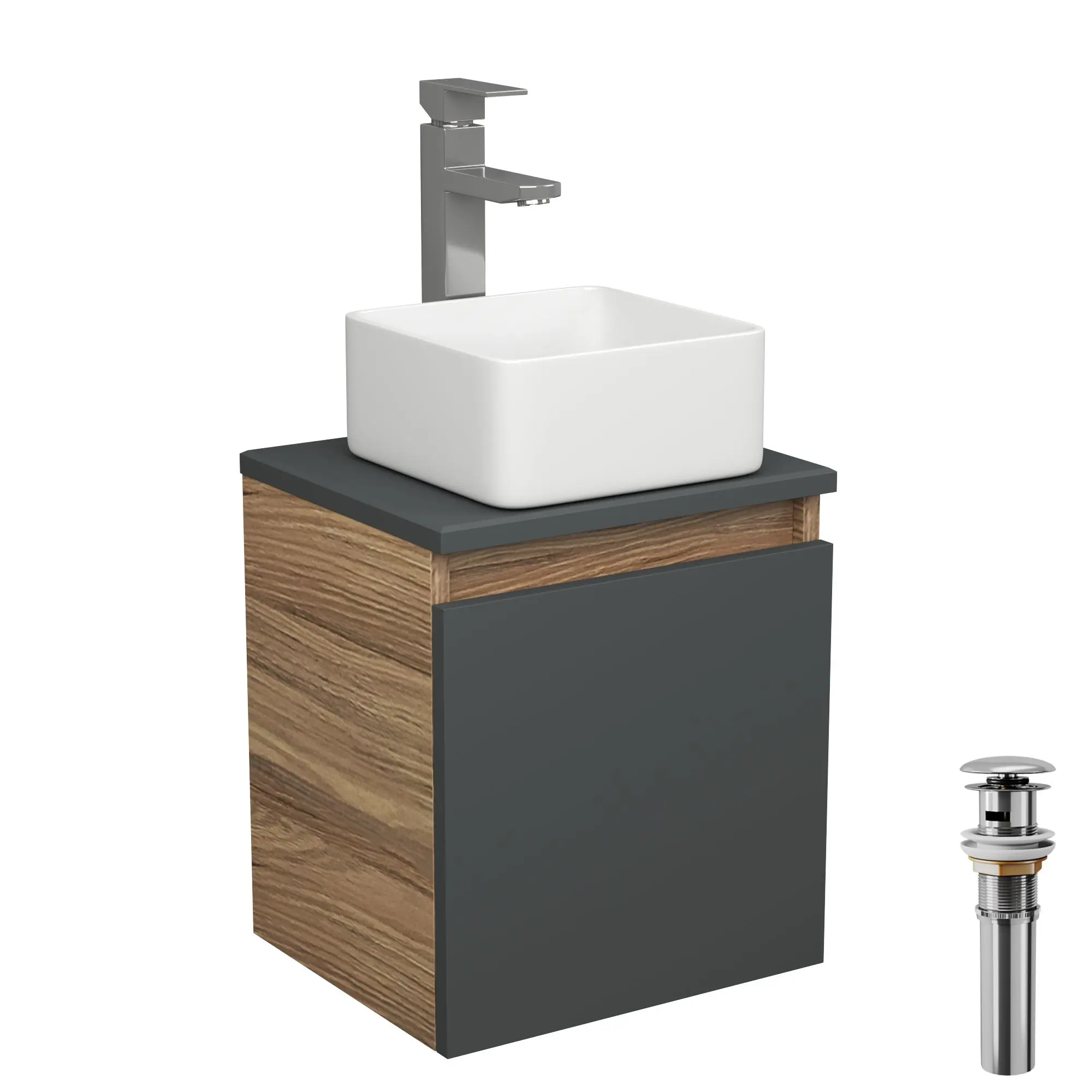 Изображение товара Тумба Bauedge Bau Dream Blackwood 35 с ящиком графит раковина Mini 24x24 смеситель для раковины высокий Hotel Still выпуск клик клак хром