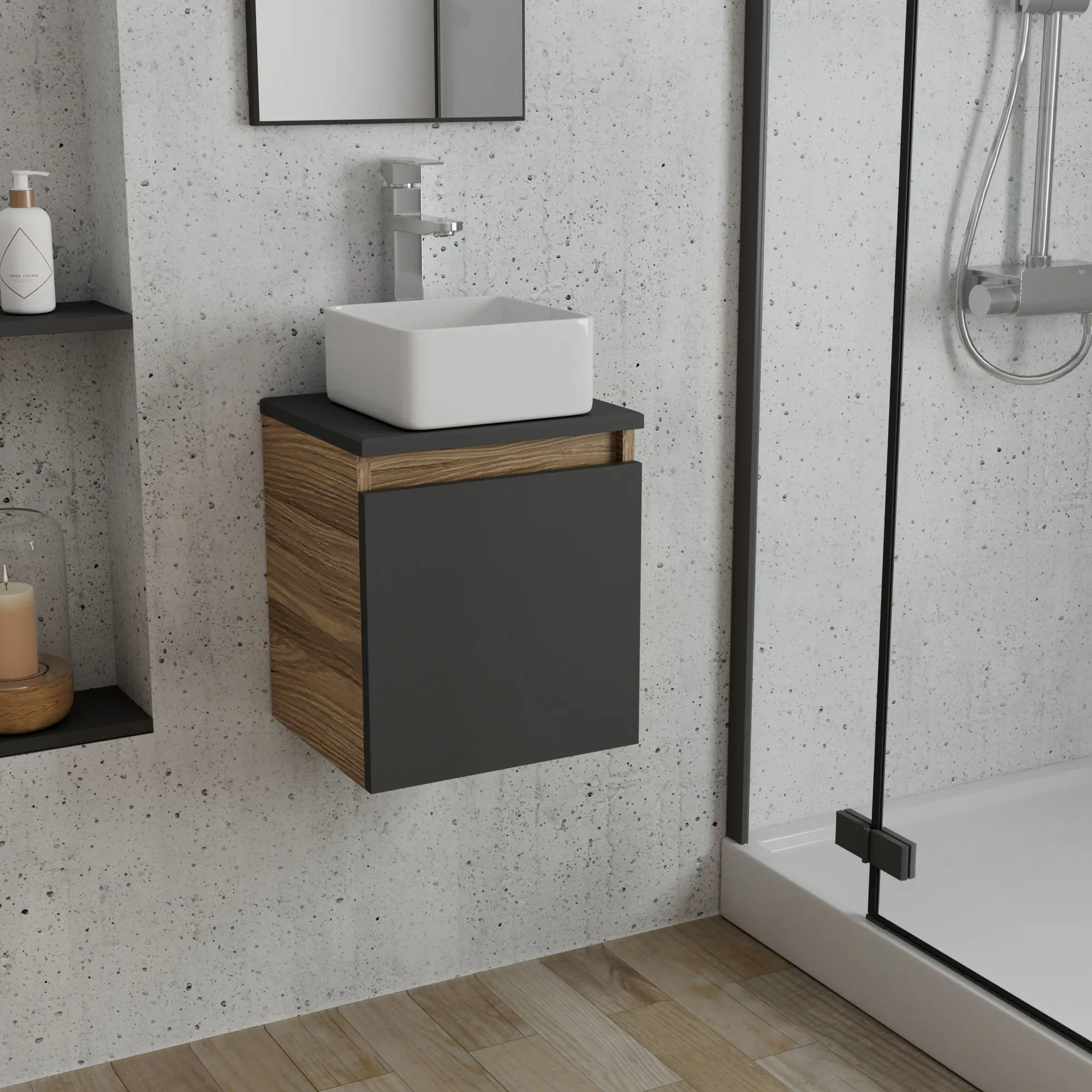 Изображение товара Тумба Bauedge Bau Dream Blackwood 35 с ящиком графит раковина Mini 24x24 смеситель для раковины высокий Hotel Still нержавеющая сталь