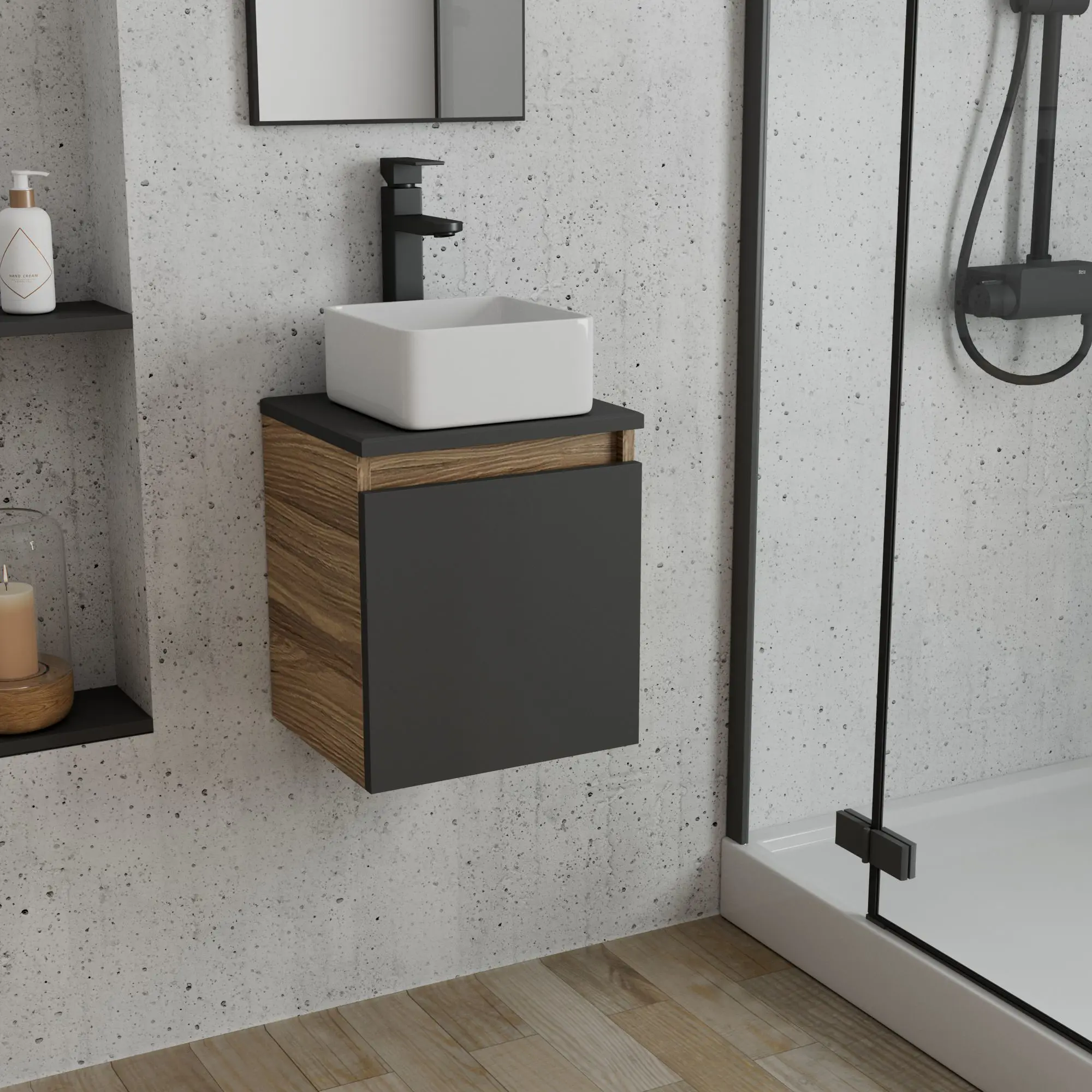 Изображение товара Тумба Bauedge Bau Dream Blackwood 35 с ящиком графит раковина Mini 24x24 смеситель для раковины высокий Hotel Black черный