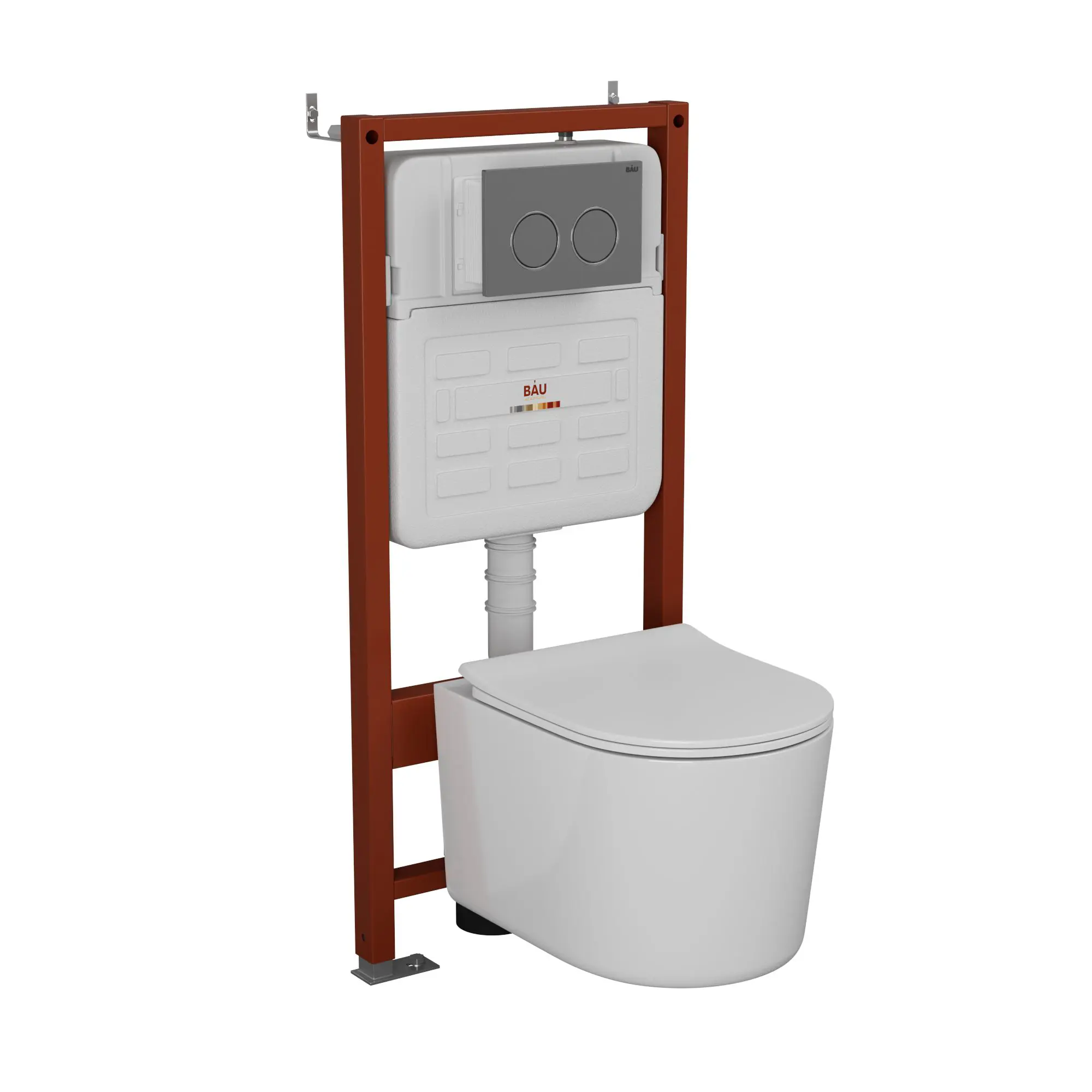 Изображение товара Комплект инсталляции Bauedge Bau Ideal E458103-NM0003-PRO-E00114, с унитазом безободковым Hotel Pro клавиша Round Gun gray, серый металлик