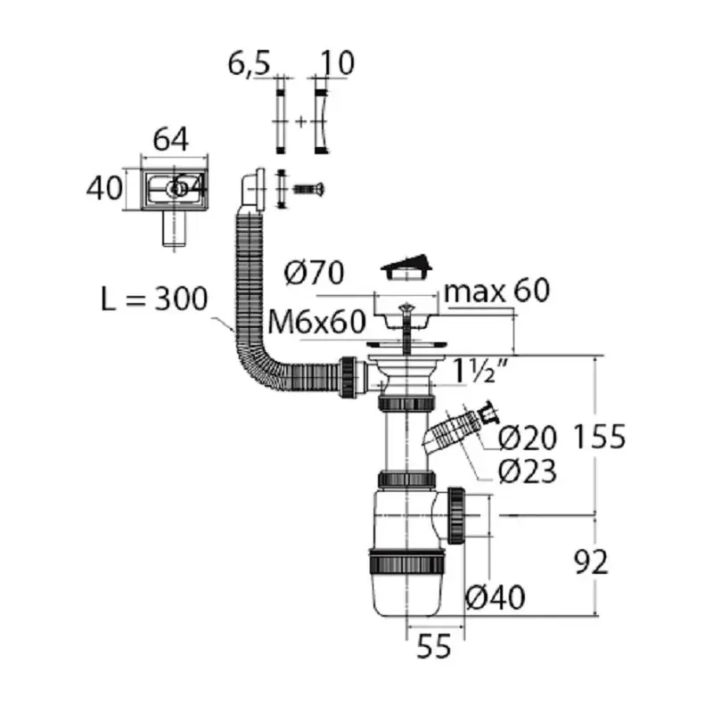 Изображение товара Сифон для мойки Virplast Элит 30980615 с отводом для стиральной машины Ø40 мм полипропилен