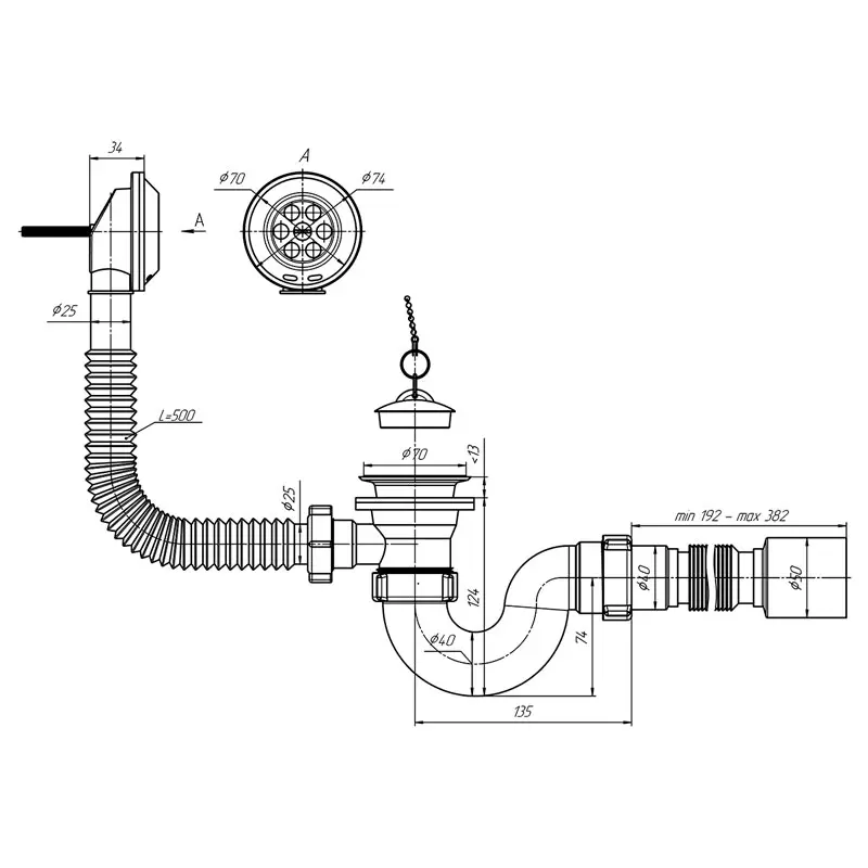 Изображение товара Сифон для ванны Ани пласт D70 мм пробкой белый E155(ANI)