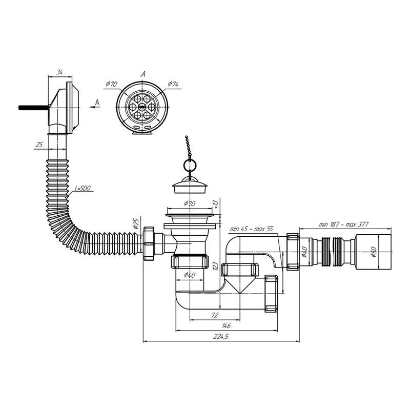 Изображение товара Сифон для ванны Ани пласт D70 мм пробкой белый E255
