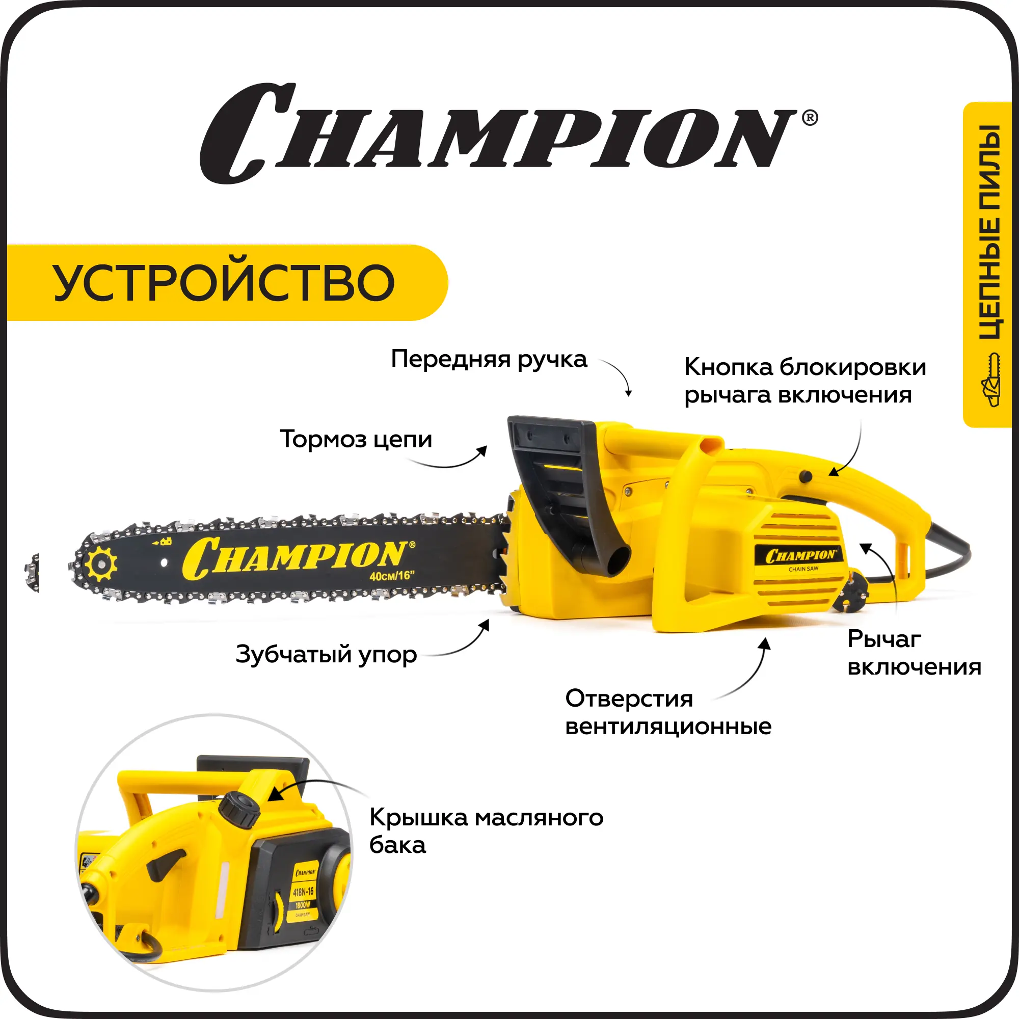 Изображение товара Электропила CHAMPION 418N-16 3/8-1.3-57 1.8кВт 3.8кг