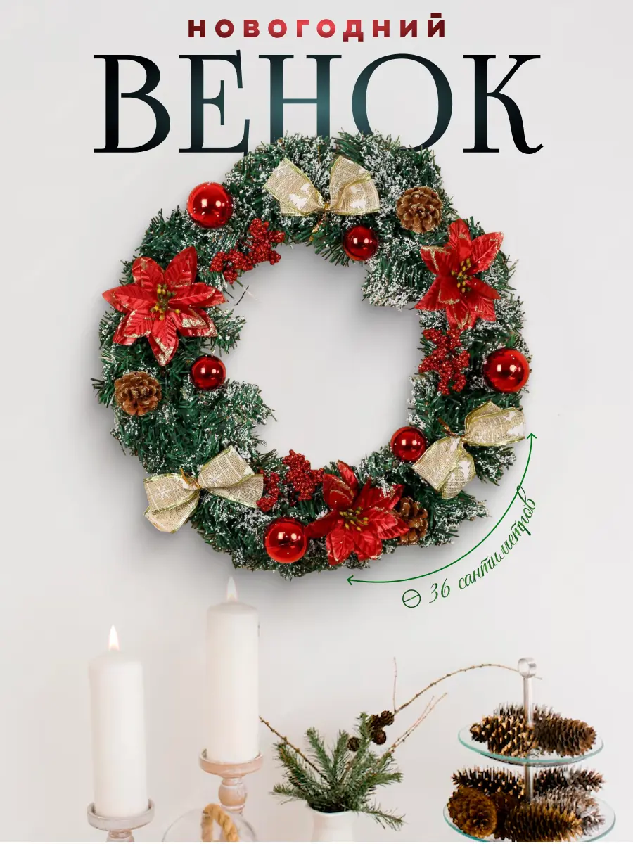 Изображение товара Рождественский венок Зимнее волшебство 3557050 ø 36 см с декором Шишки С Красными Цветами