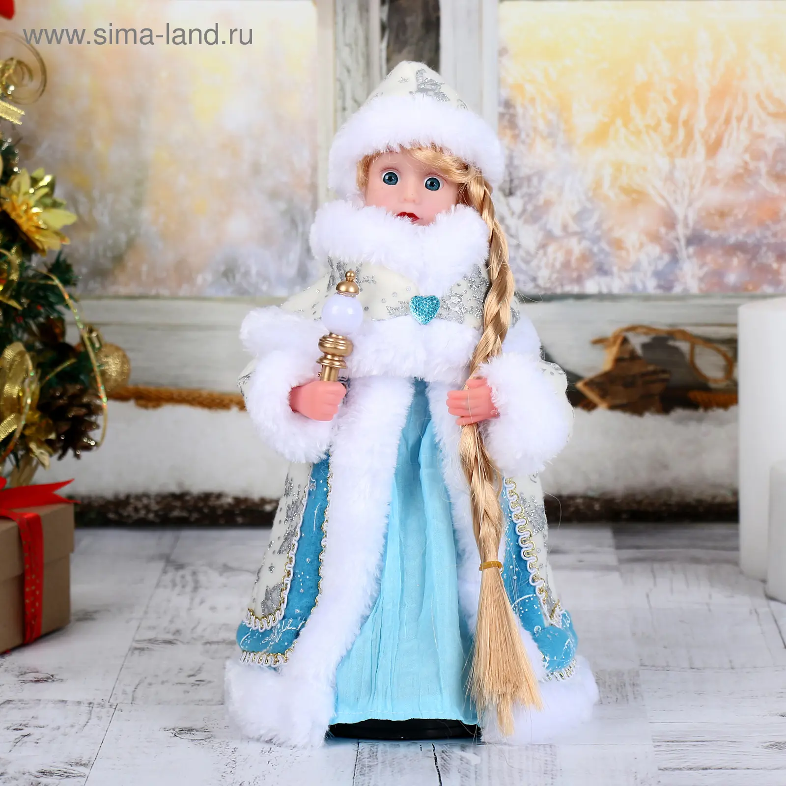 Изображение товара Фигура новогодняя Снегурочка Голубая шубка свет, двигается, 28 см