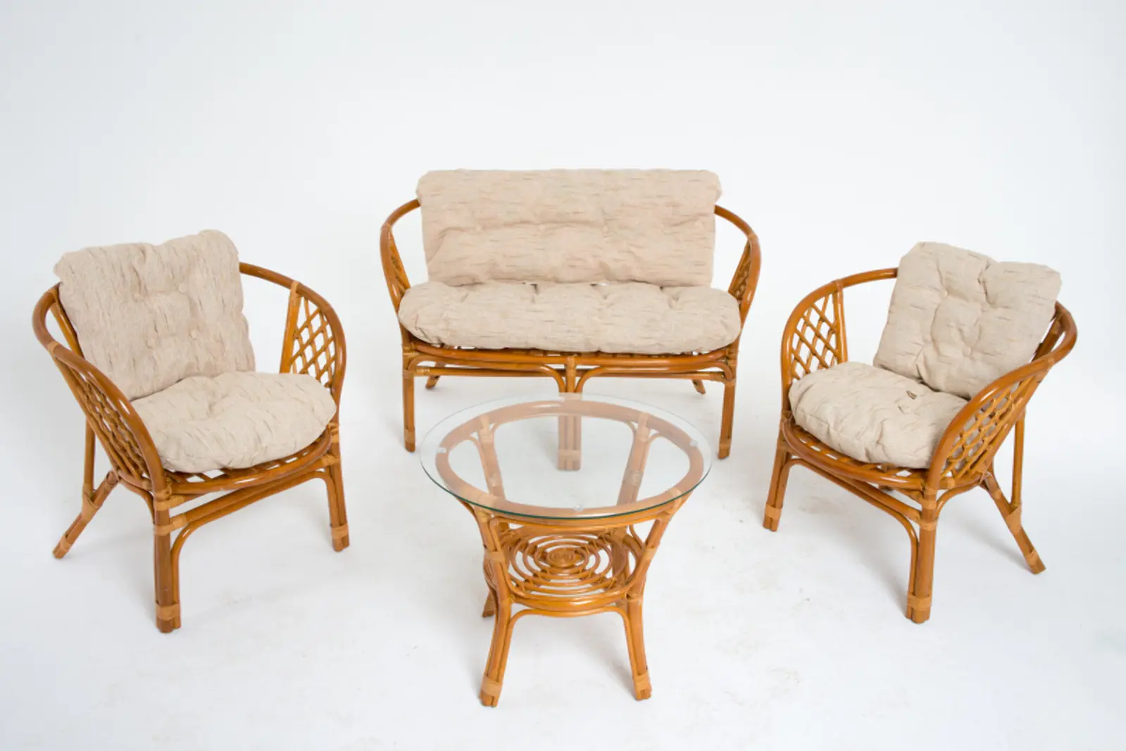 Изображение товара Садовая мебель для отдыха Vinotti Calamus Rotan Багамы натуральный ротанг светло-каштановый:стол, диван, 2 кресла