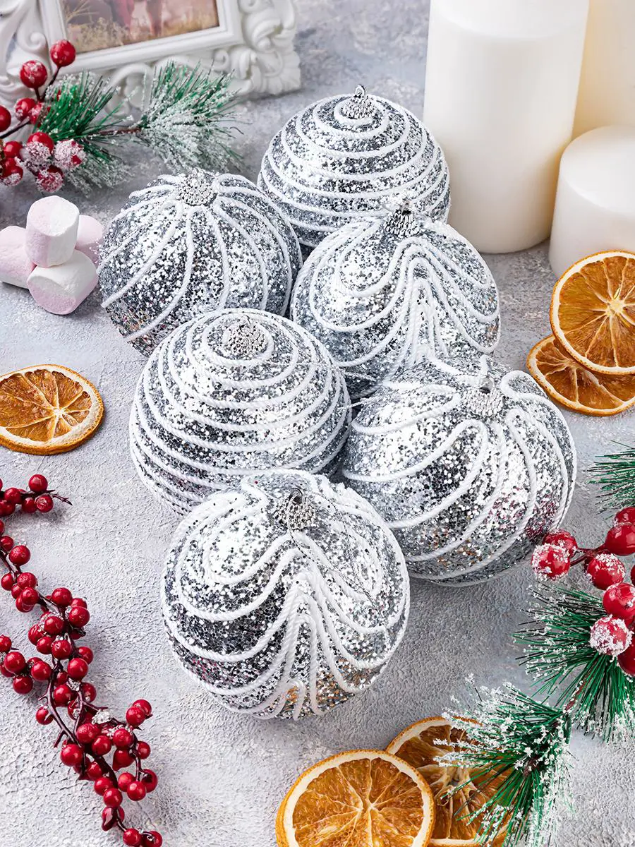 Изображение товара Набор елочных шаров Elan gallery 970058 9.5 см полиуретан серебро 6 шт