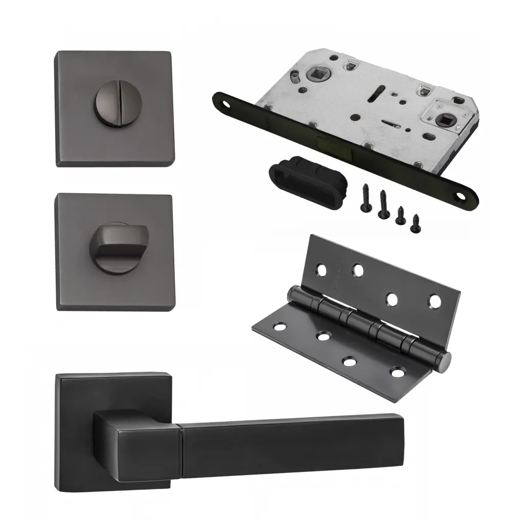 Изображение товара Комплект для межкомнатной двери Paulinidor 521-03 + сантехническая магнитная защелка 5096 + завертка AL 03 + врезные петли цвет черный 2 шт