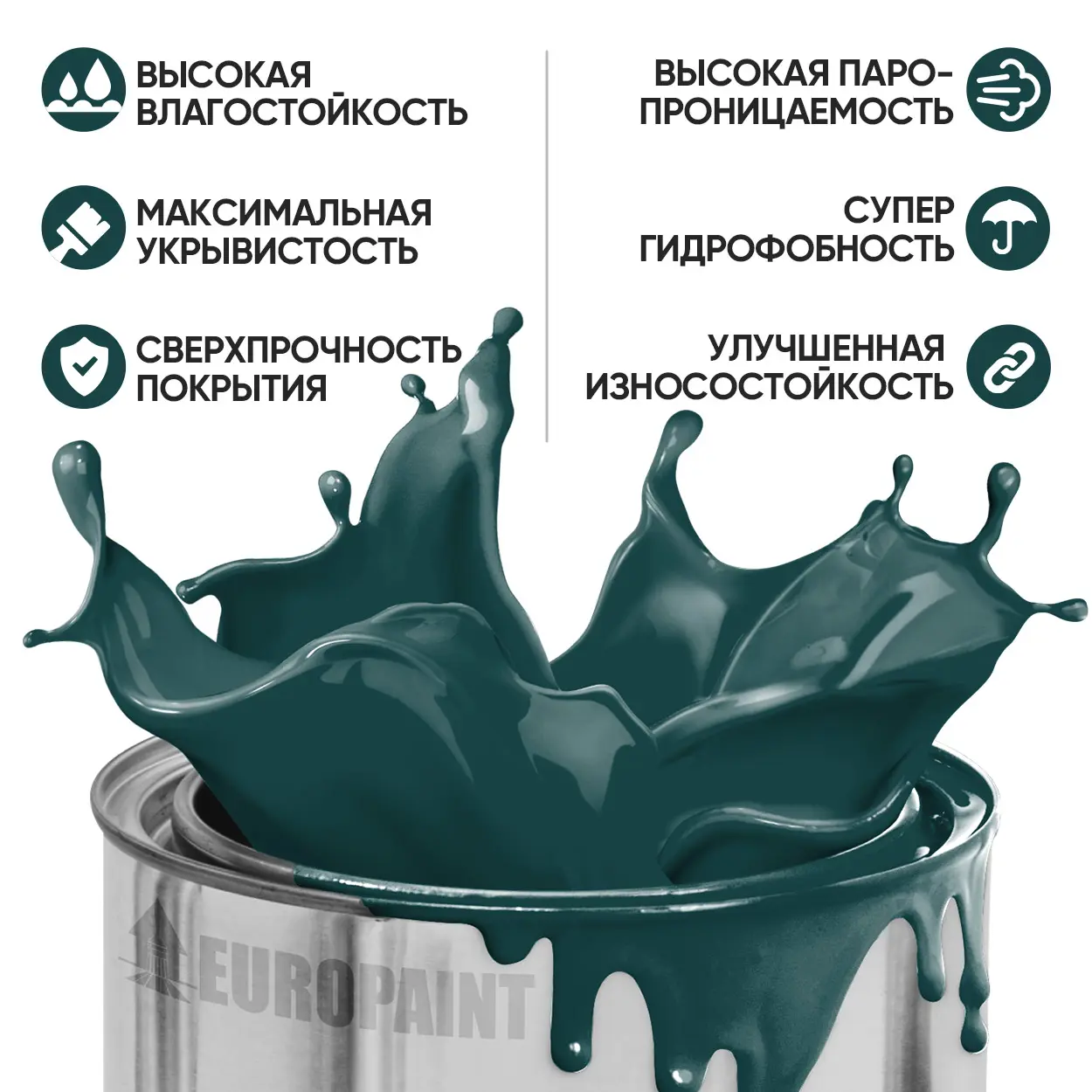 Изображение товара Фасадная краска EUROPAINT В_ЛМ_1111_ГЗ14 10 л глубокий зеленый для наружных и внутренних работ