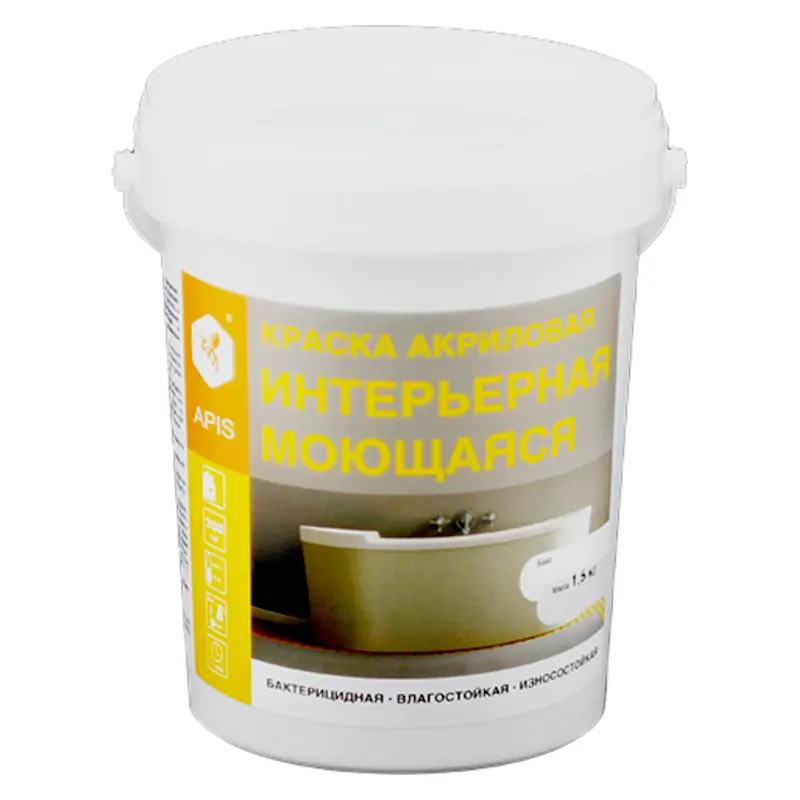 Изображение товара Краска интерьерная моющаяся Apis акриловая белая база А 1.5 кг