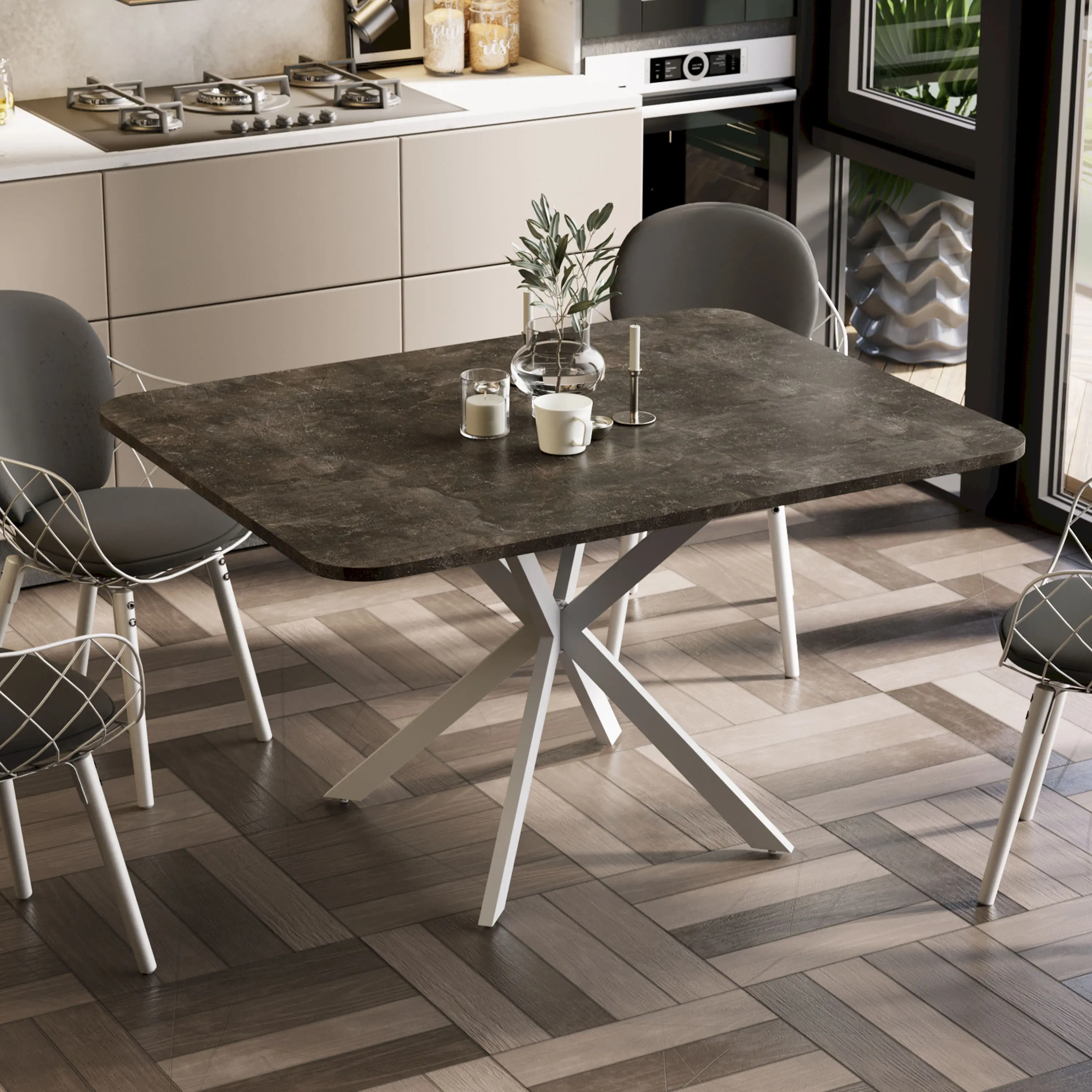 Изображение товара Обеденный стол квадратный Трия 256409 100x100 см ЛДСП цвет белый муар/ателье темный