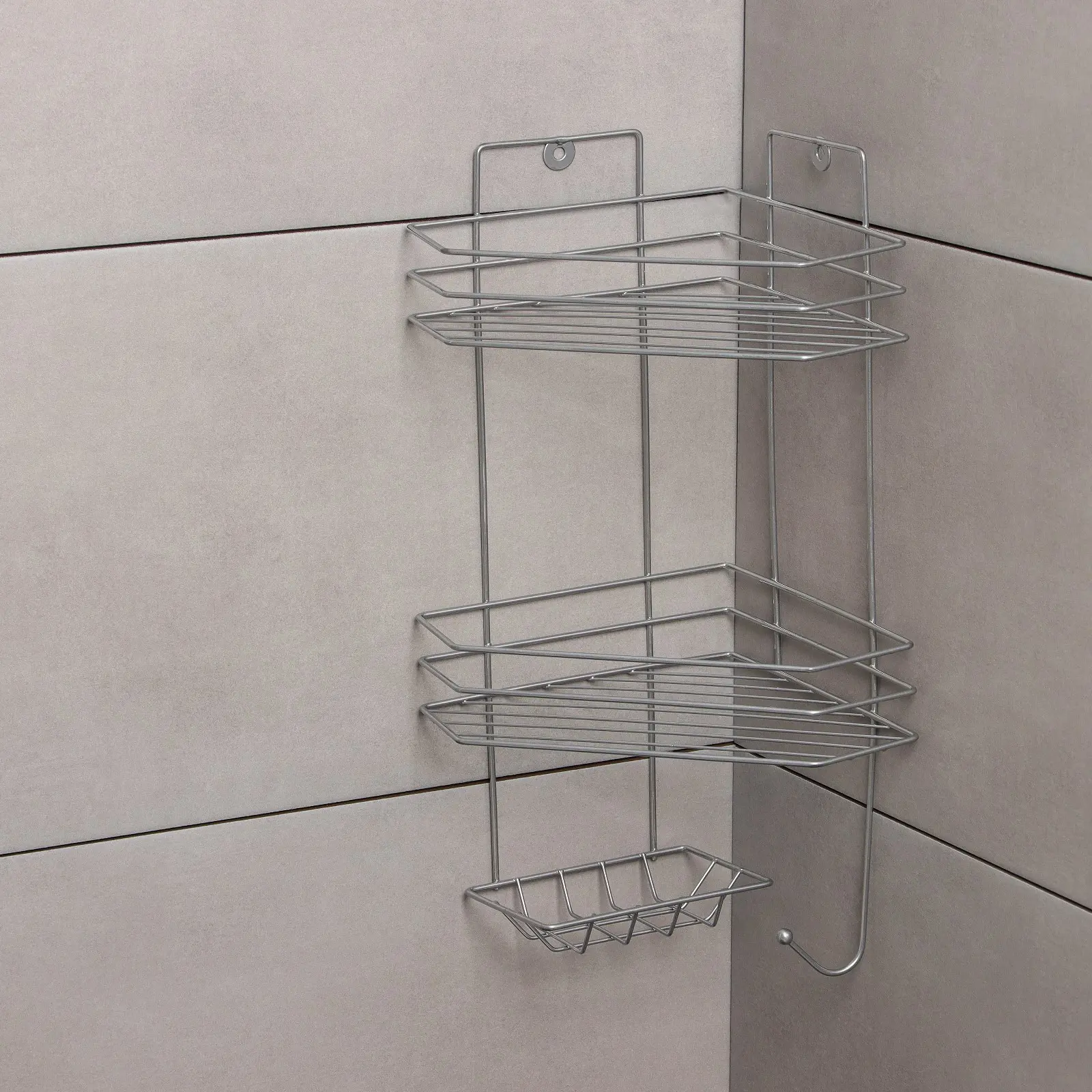 Изображение товара Полка для ванной угловая Лесников с мыльницей и вешалкой 2-x ярусная 25.5×42.5 см цвет хром