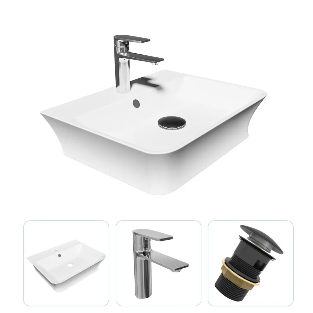 Изображение товара Комплект Teymi раковина F07659 Aina 49 с полочкой, смеситель Ellie, хром, выпуск Teymi с переливом черный F07659