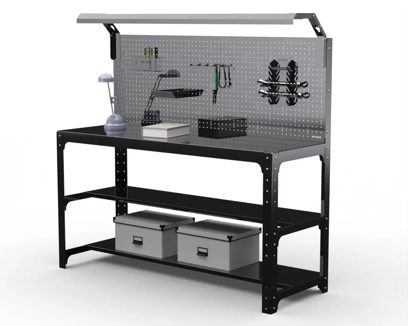 Изображение товара Металлический рабочий стол Metalex 201616 с полками и освещением 75 см черный