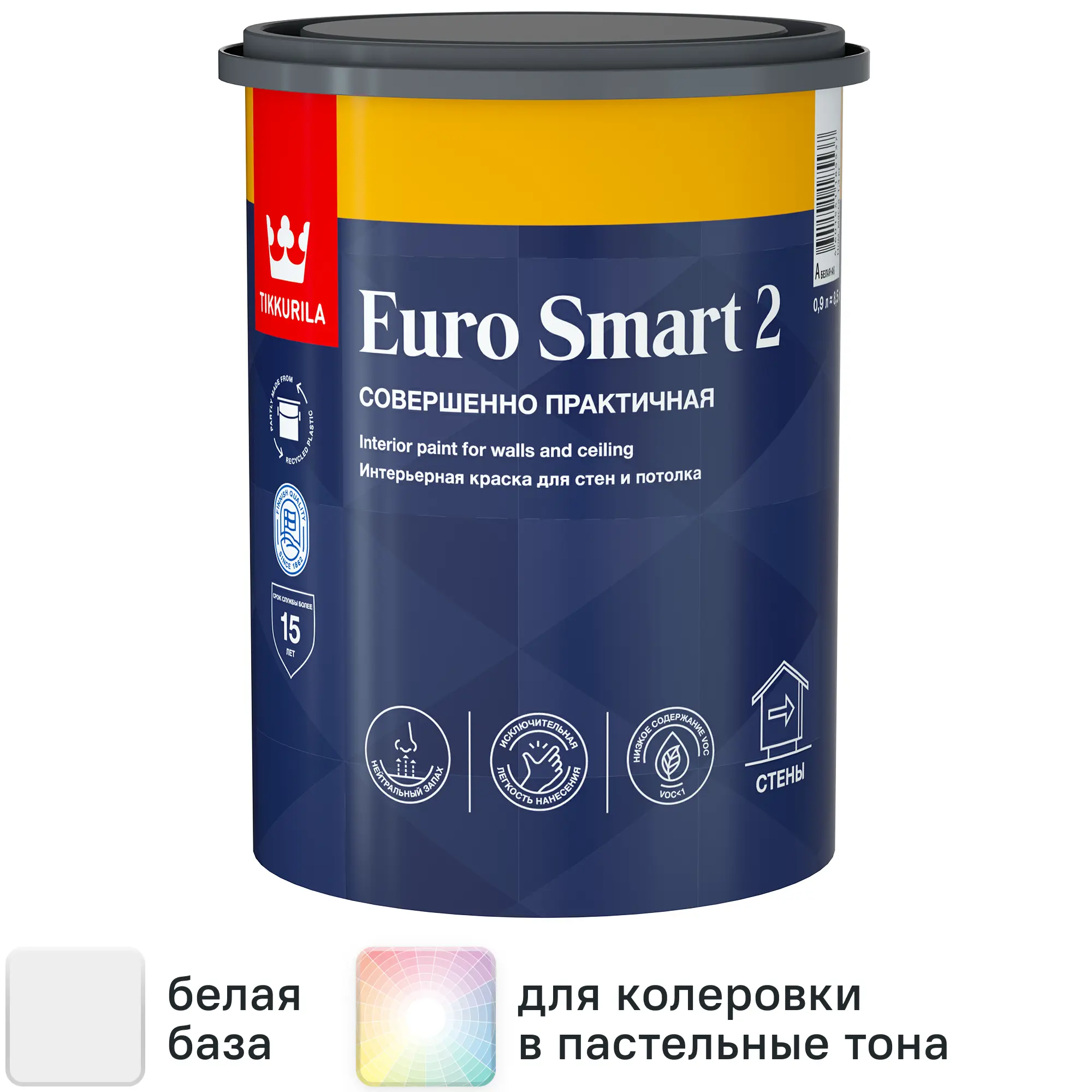 Изображение товара Краска для стен и потолков Tikkurila Euro Smart 2 матовая 0.9 л белая база A