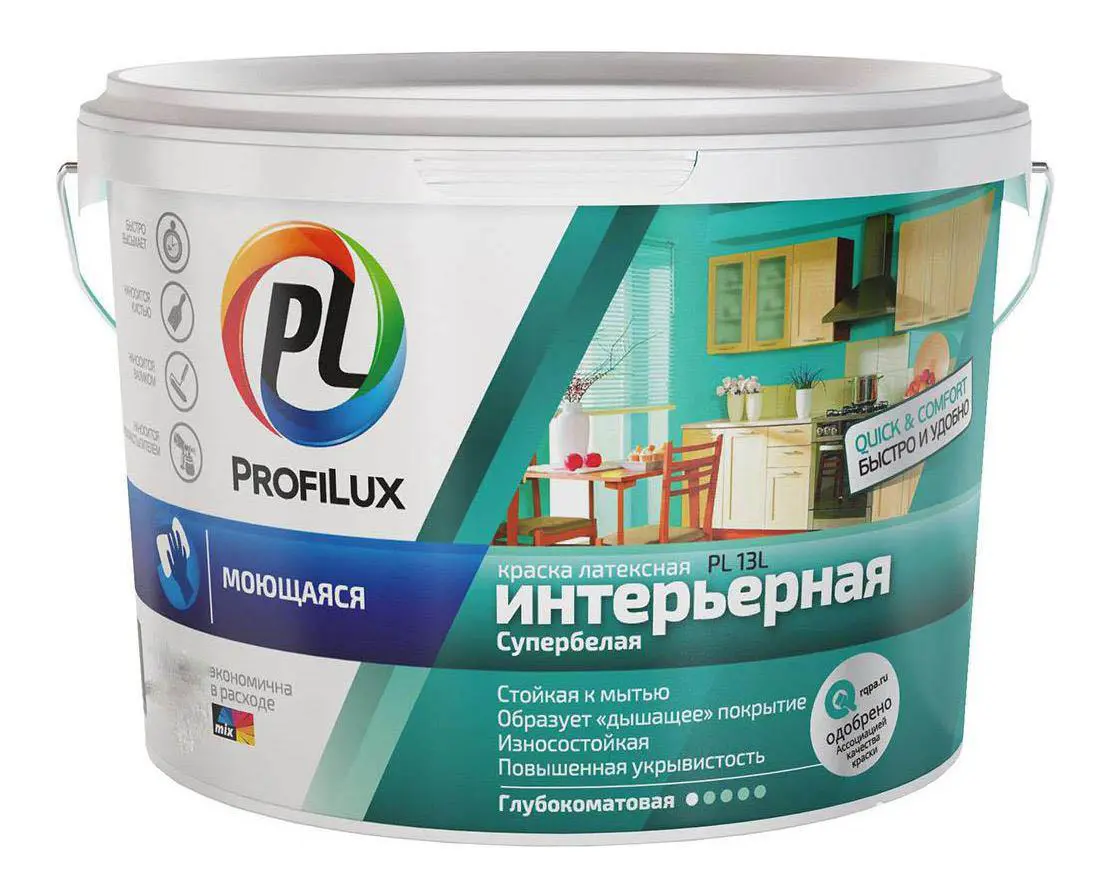 Изображение товара Латексная краска для влажных помещений Profilux ВД PL-13L 3 кг супербелая матовая