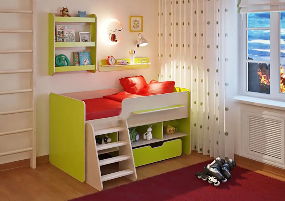 Изображение товара Кровать с полками-чердак Кариви Сказка 165x90x125 см ЛДСП цвет дуб молочный/лайм