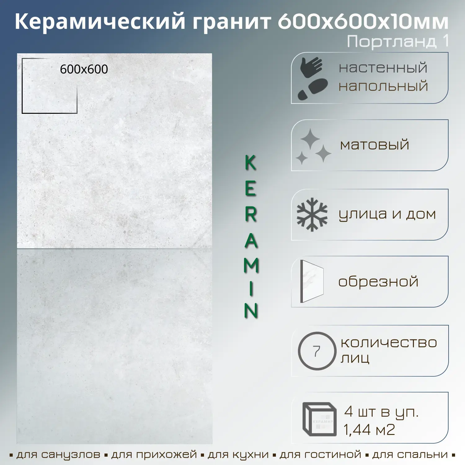 Изображение товара Керамогранит Керамин Портланд 1 60x60см серый бетон для пола и стен