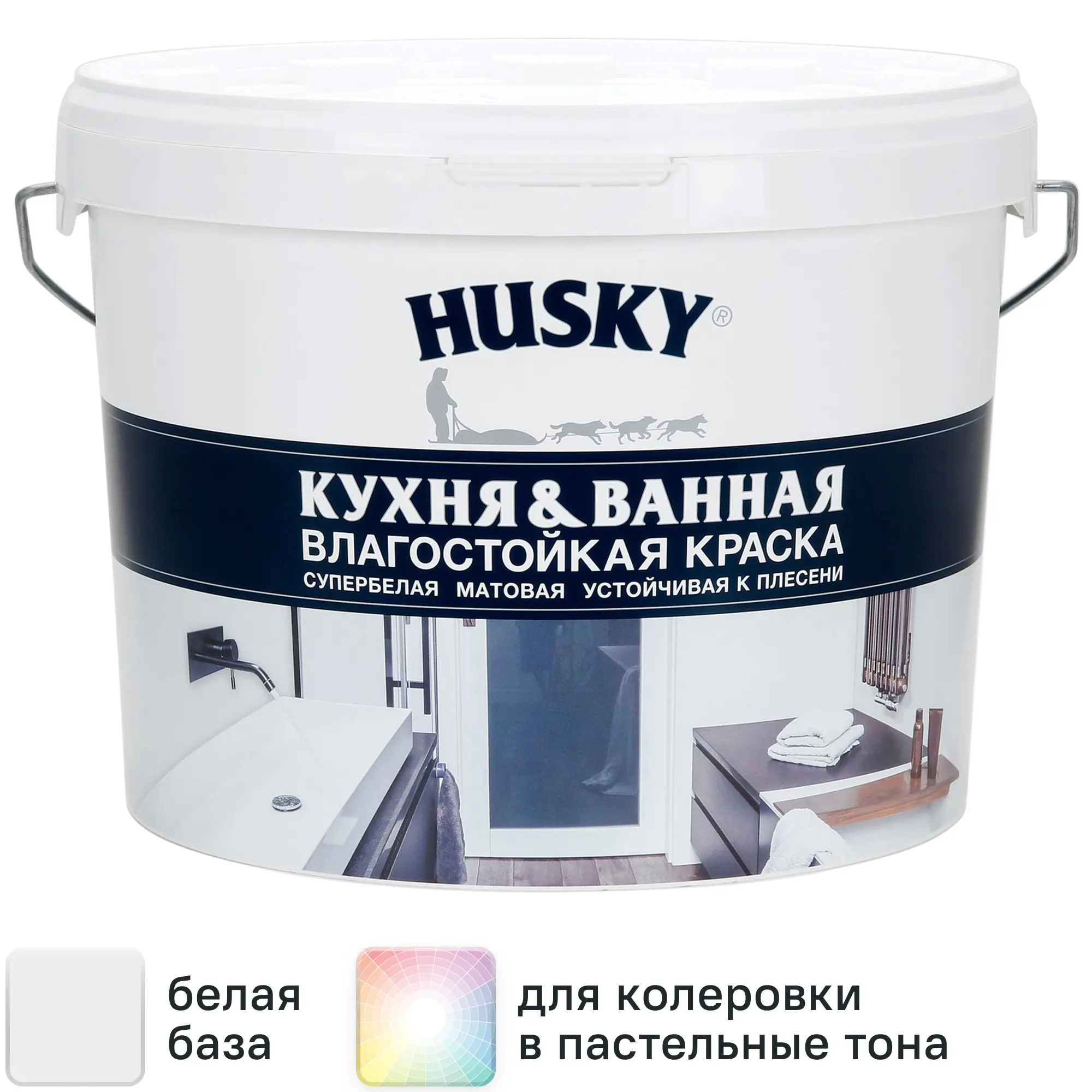 Изображение товара Акриловая матовая краска Husky для кухонь и ванных комнат 9л белая
